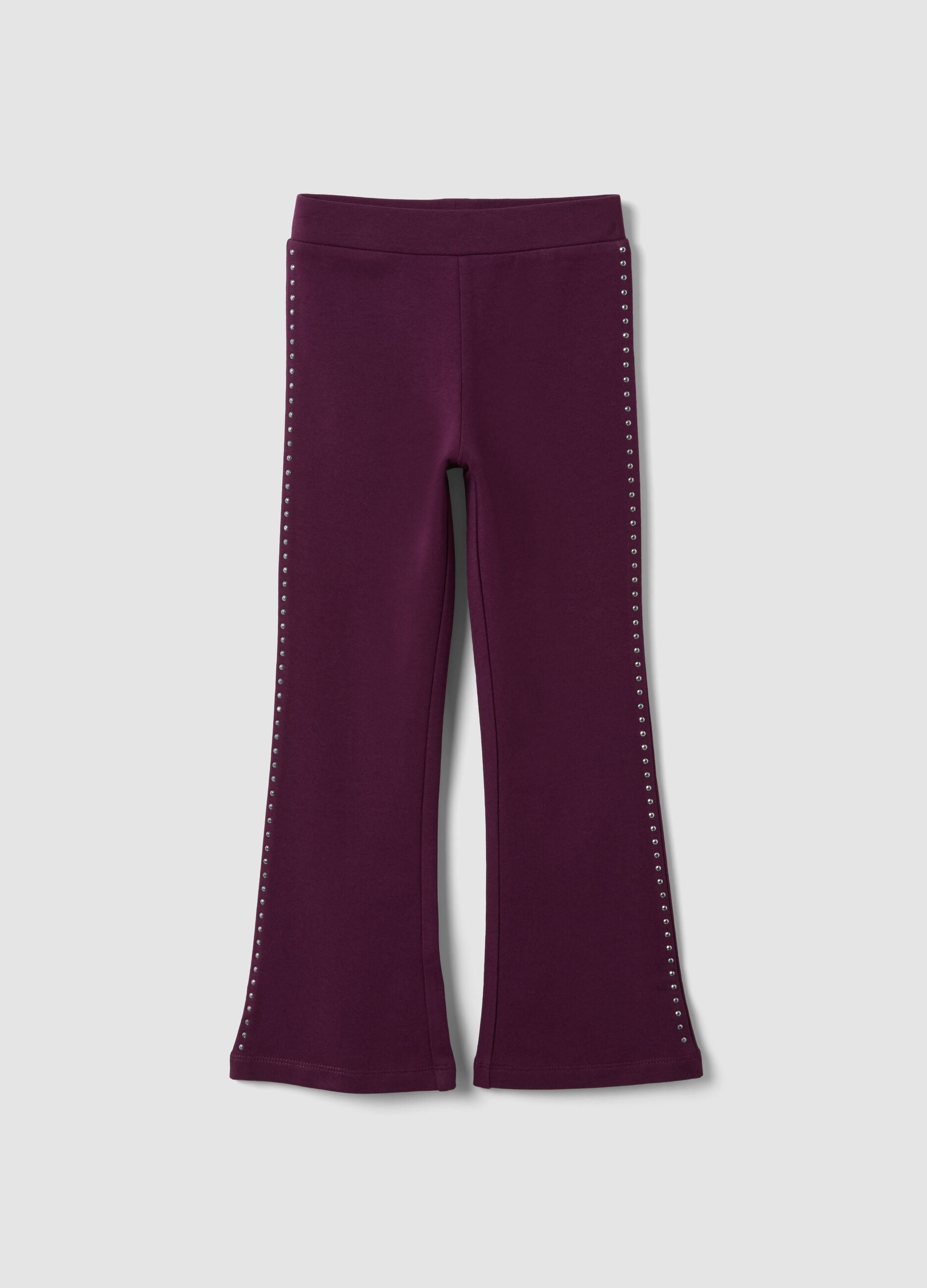 Leggings viola flare in cotone elasticizzato con borchie