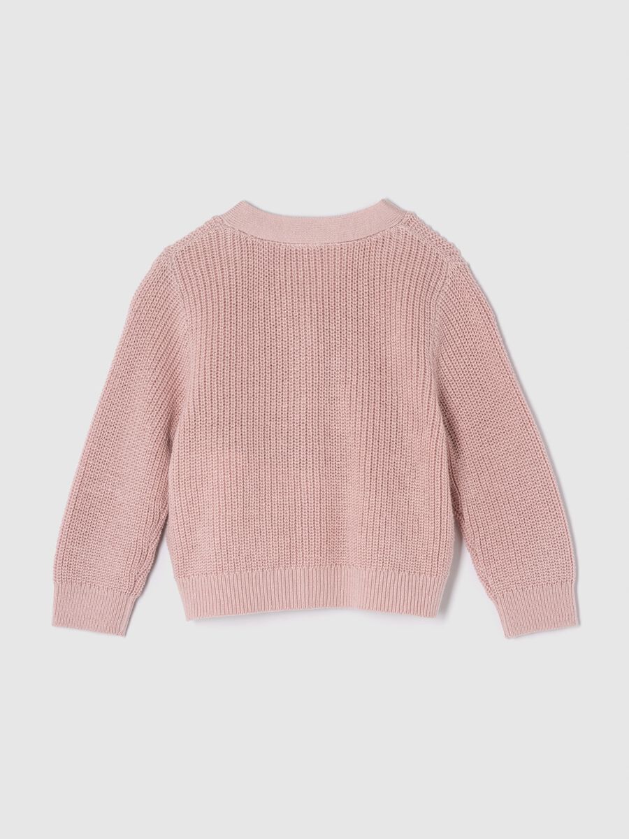 Pullover with V neck and bouclé teddy bear patch_1