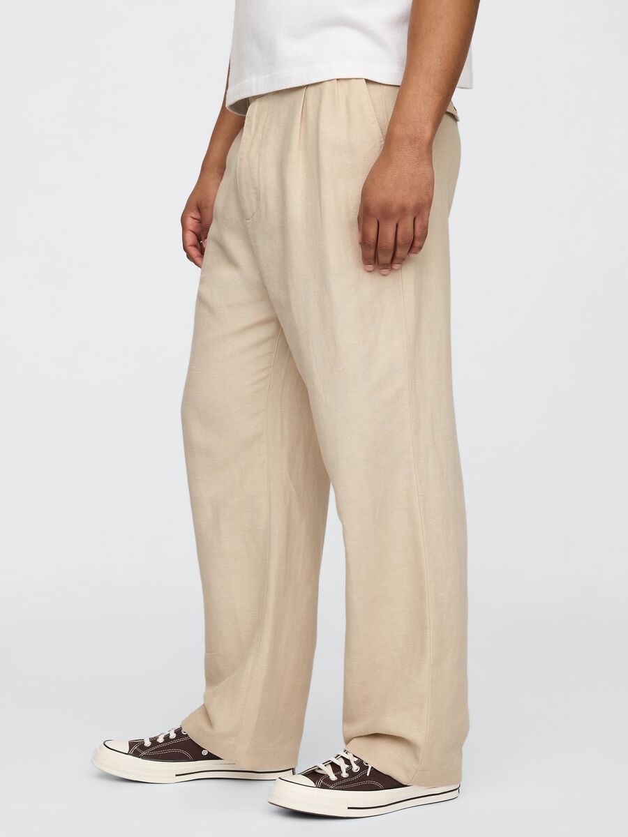Beige wide leg trousers in linen and cotton_1
