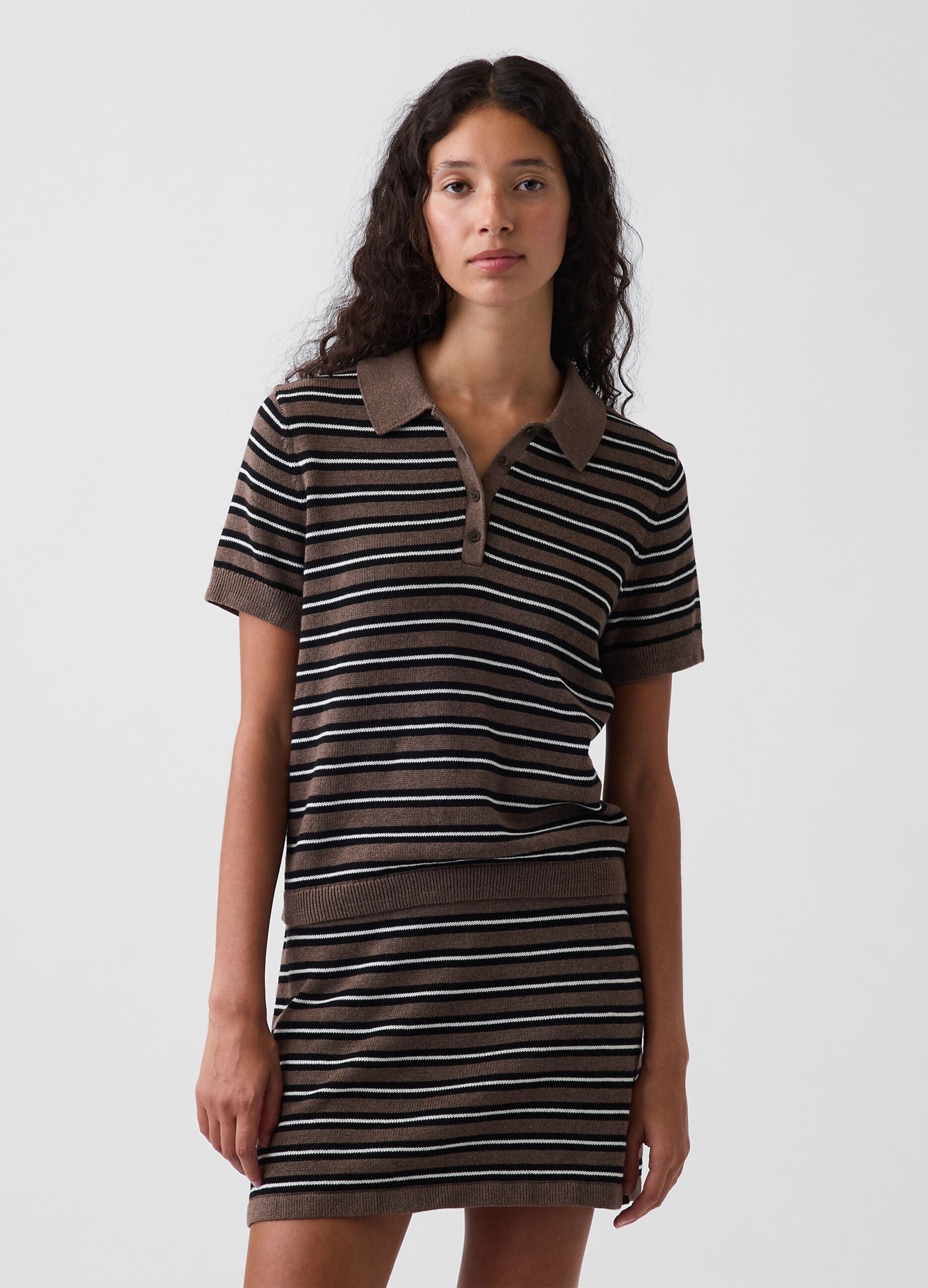 Brown pure cotton striped polo knit top