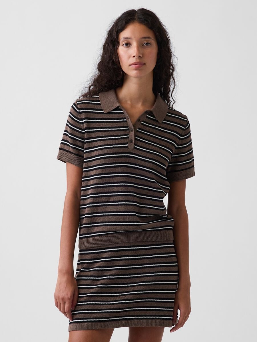 Brown pure cotton striped polo knit top_0