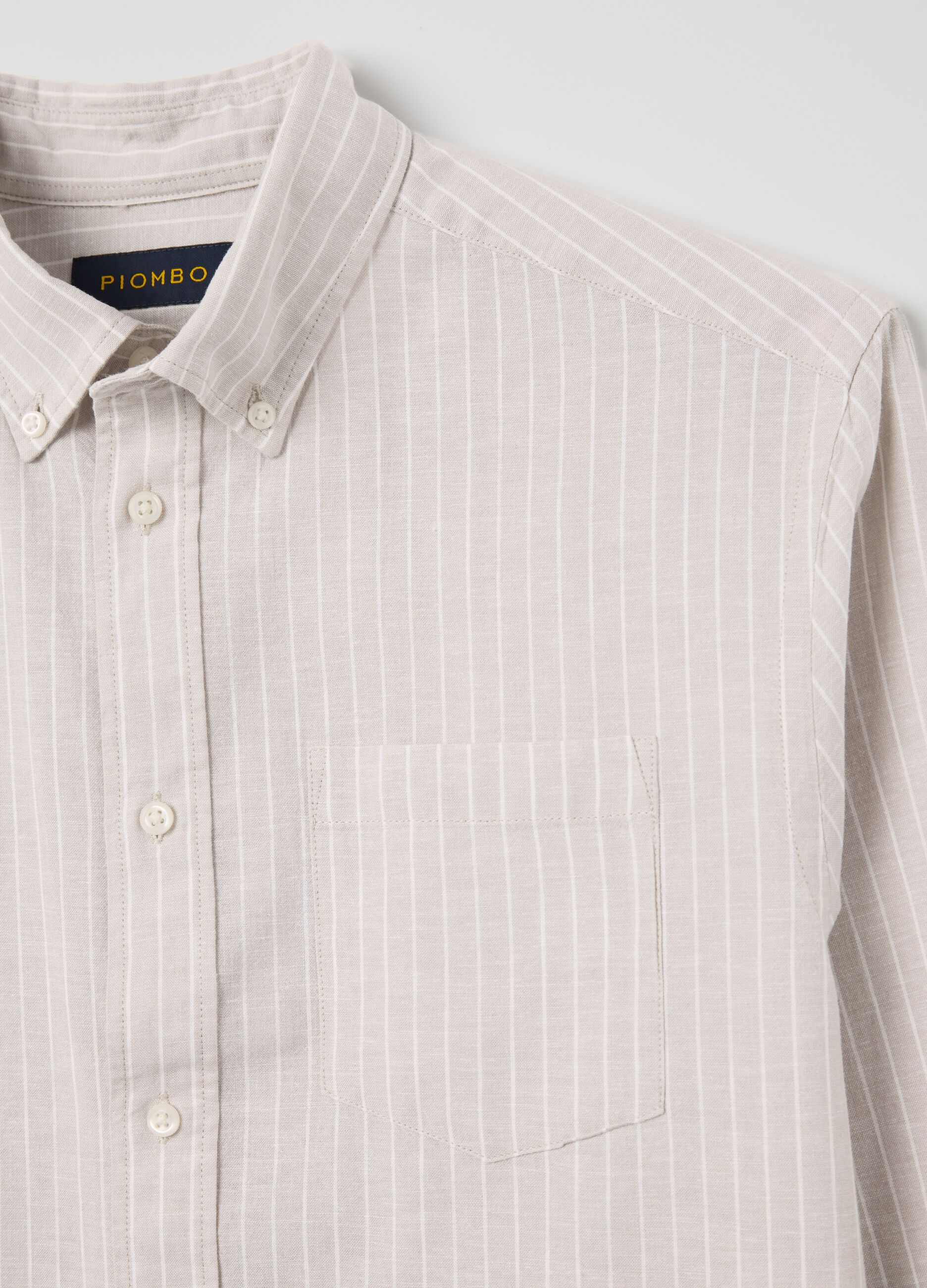 Beige striped regular shirt in cotton and linen