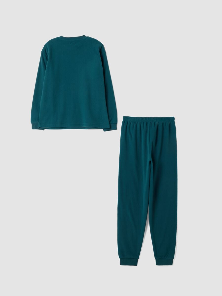 Green fleece pyjamas with crew neck and mountain print_1