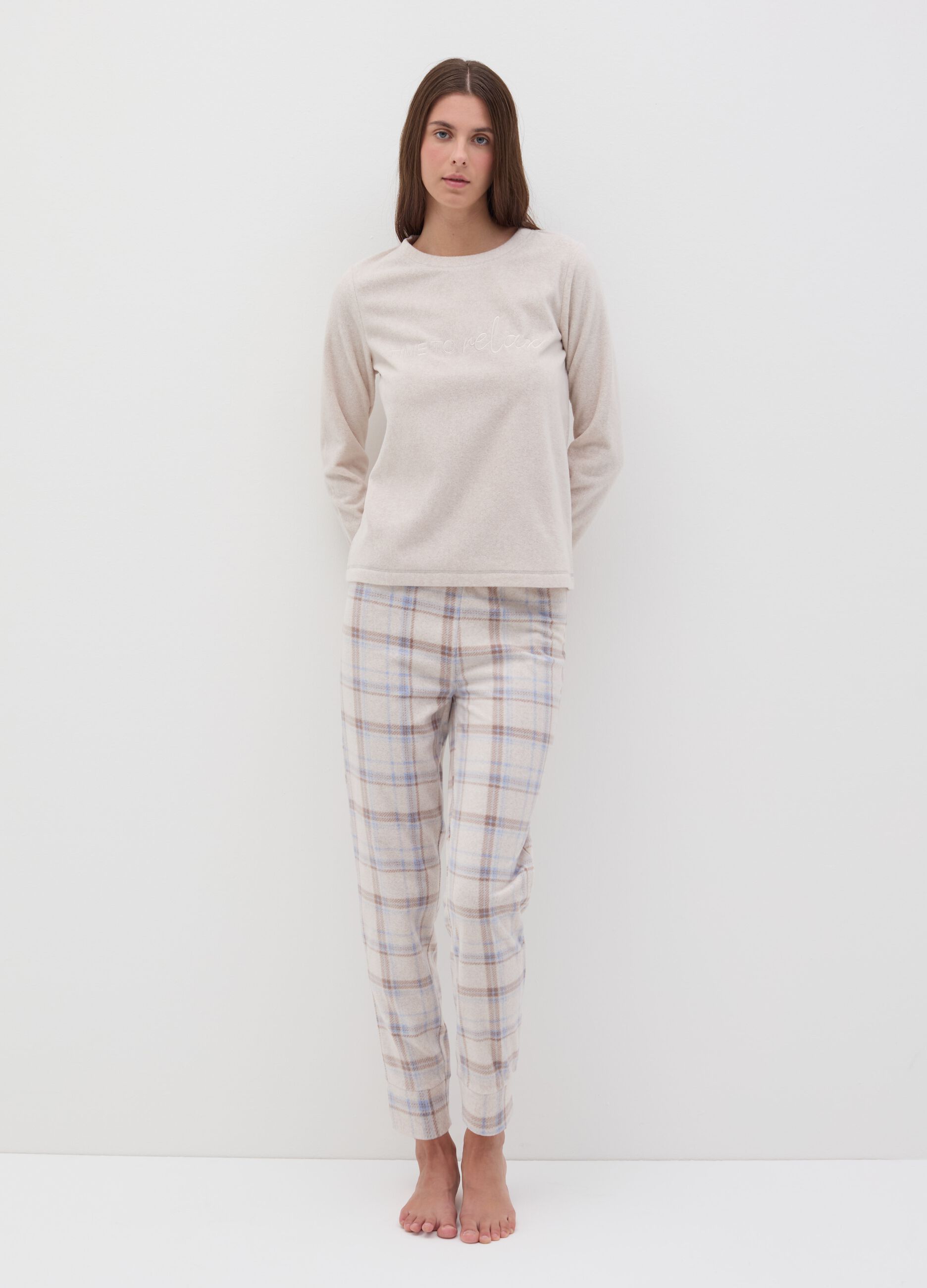 Fleece pyjama trousers with check pattern