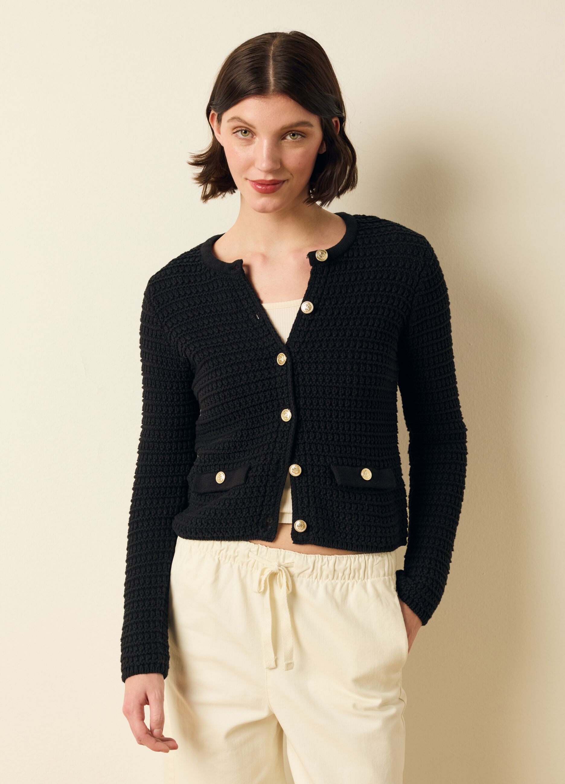 Knitted cardigan jacket with gold buttons