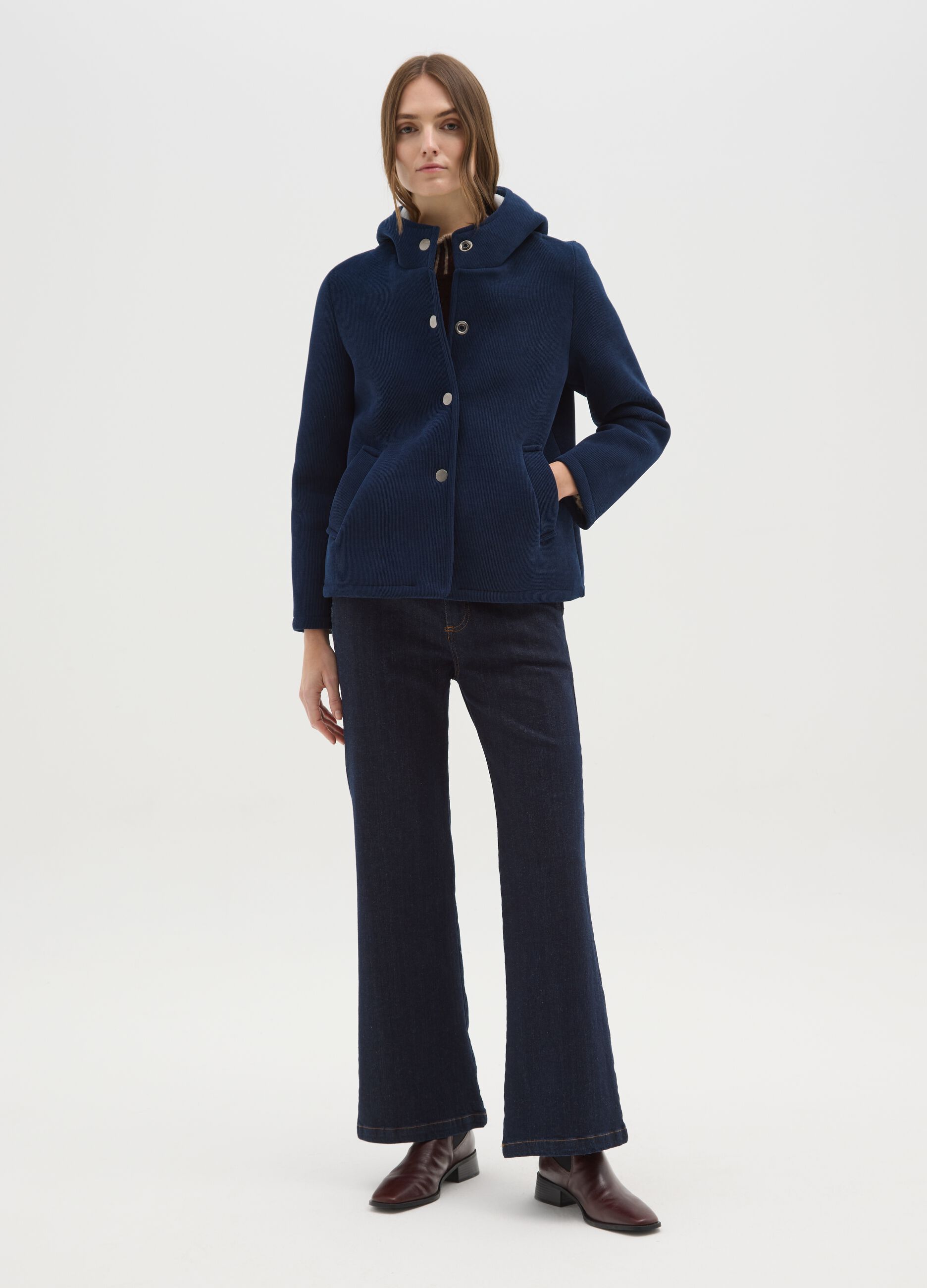 Blue corded fabric jacket with hood