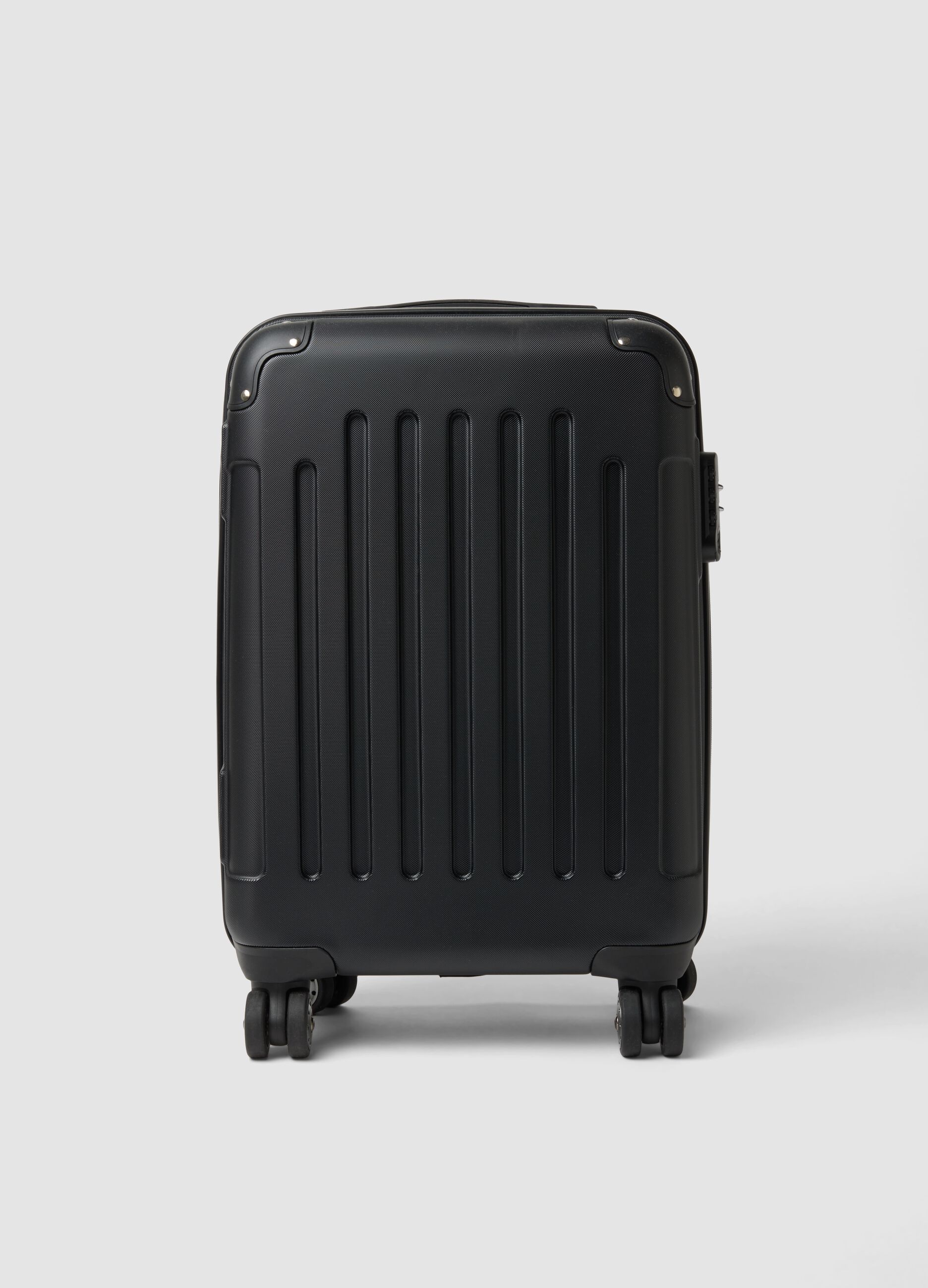 Black hard-shell travel suitcase with wheels