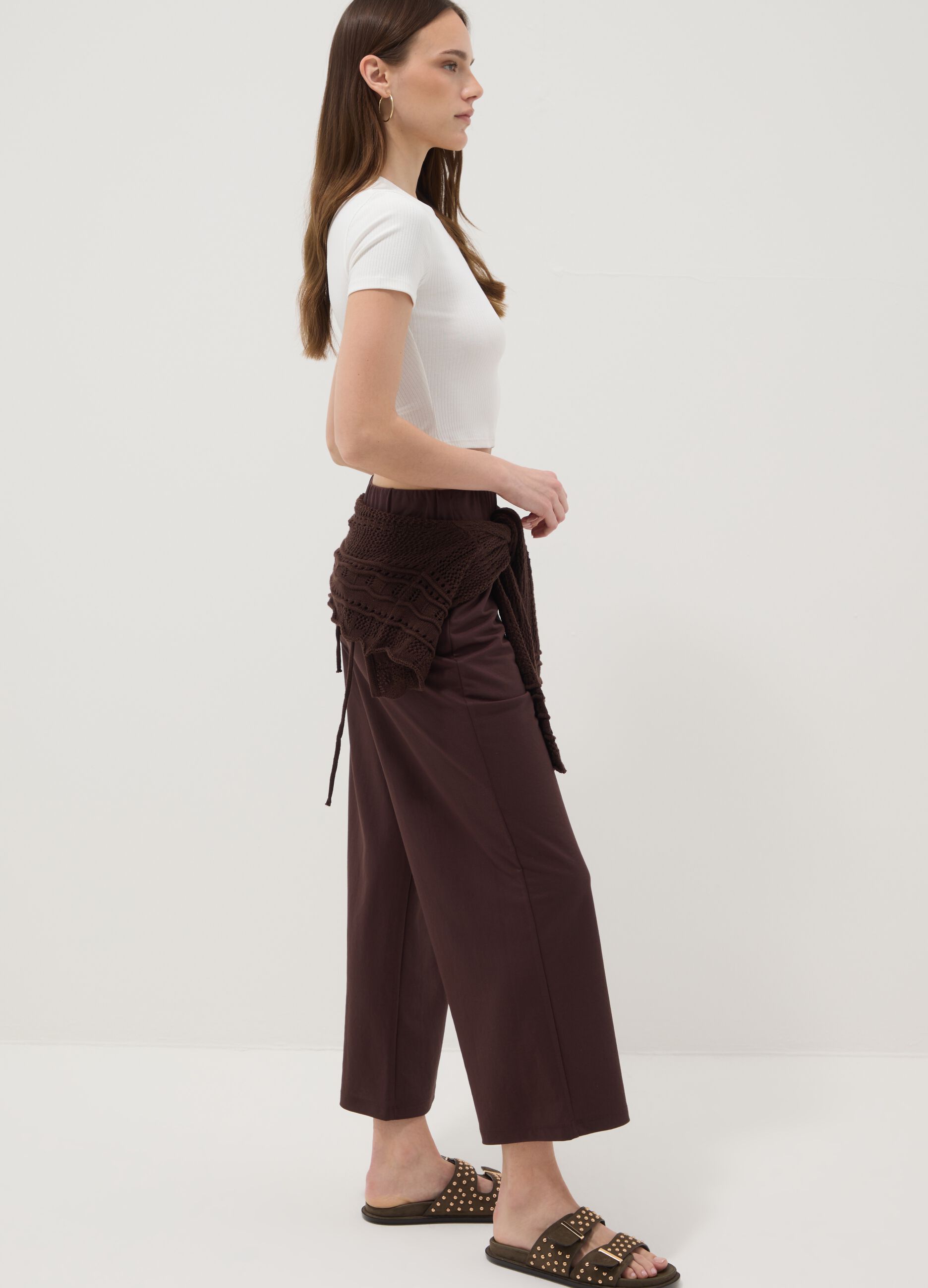 Brown viscose-blend culotte trousers