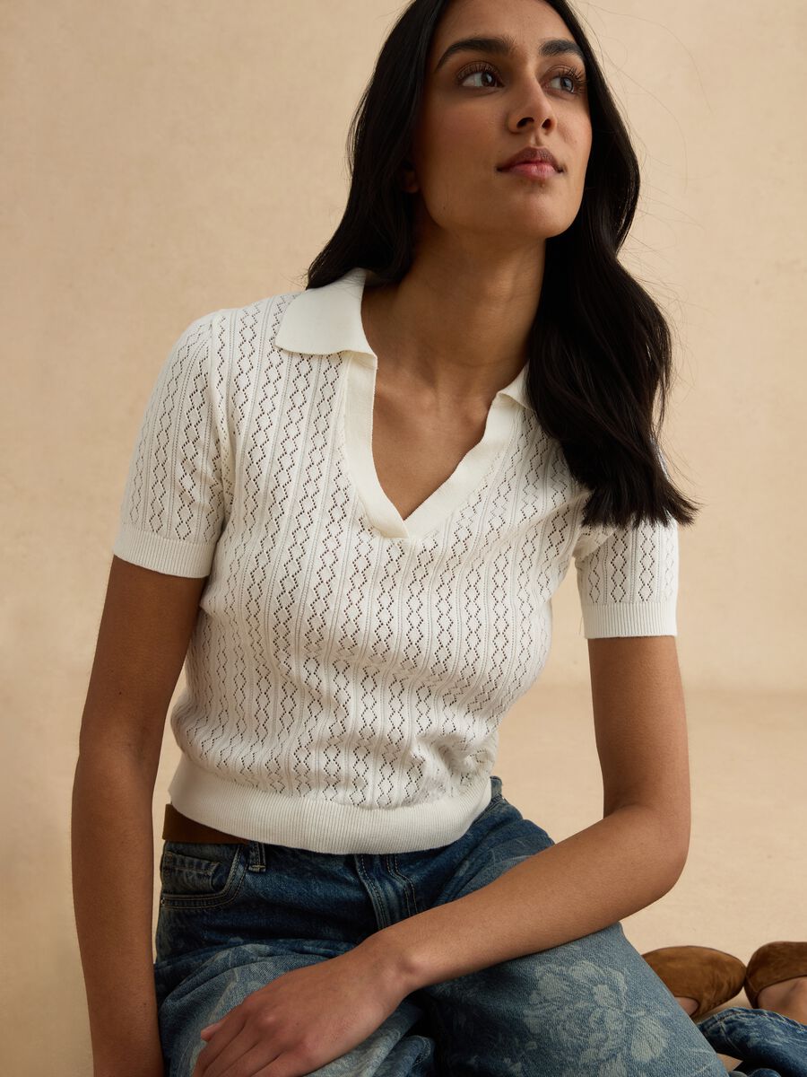 White cotton blend regular fit sweater with polo collar_0
