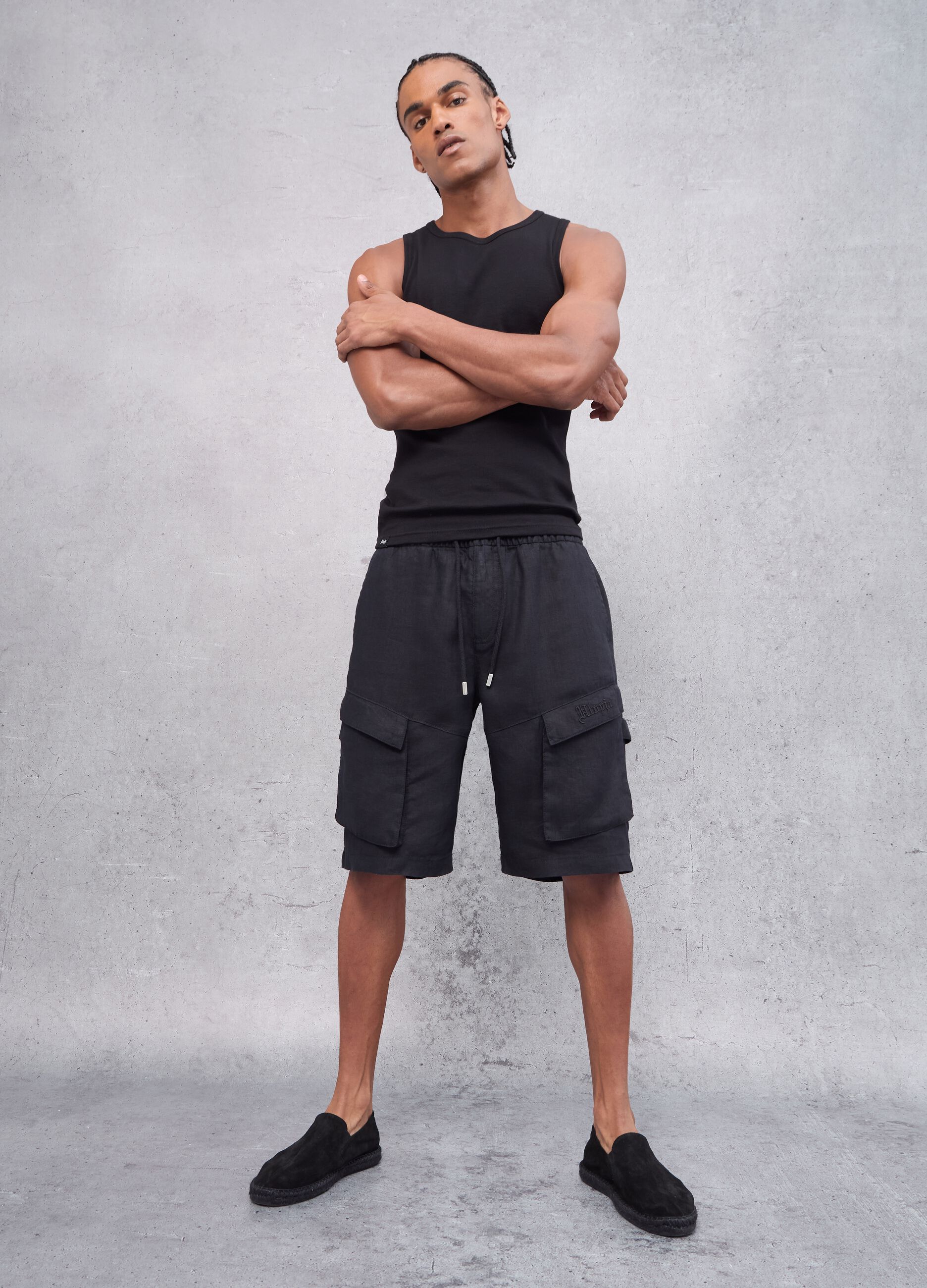 100% Linen Black Cargo Shorts