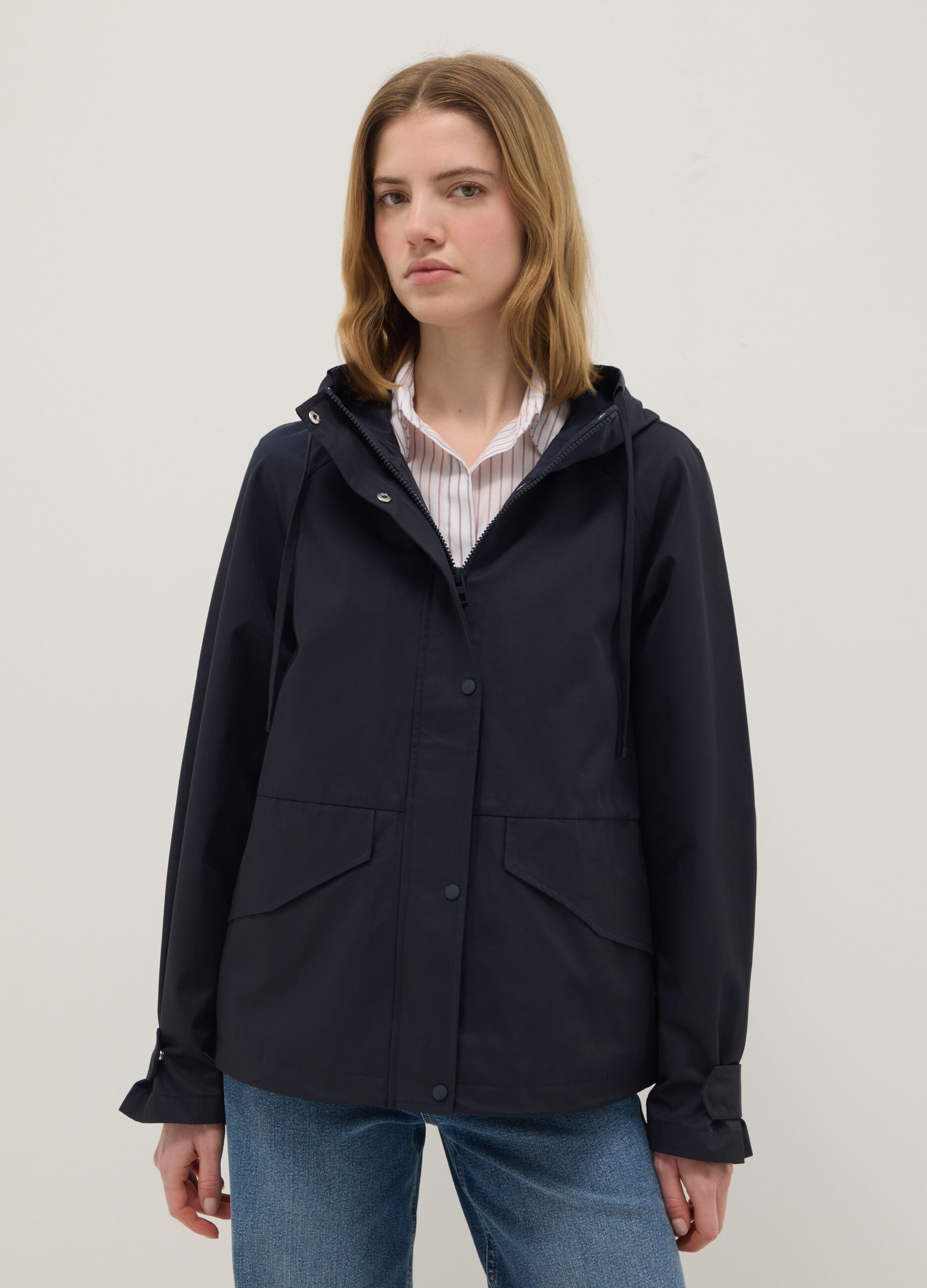 Black regular fit cotton blend jacket with zip and hood