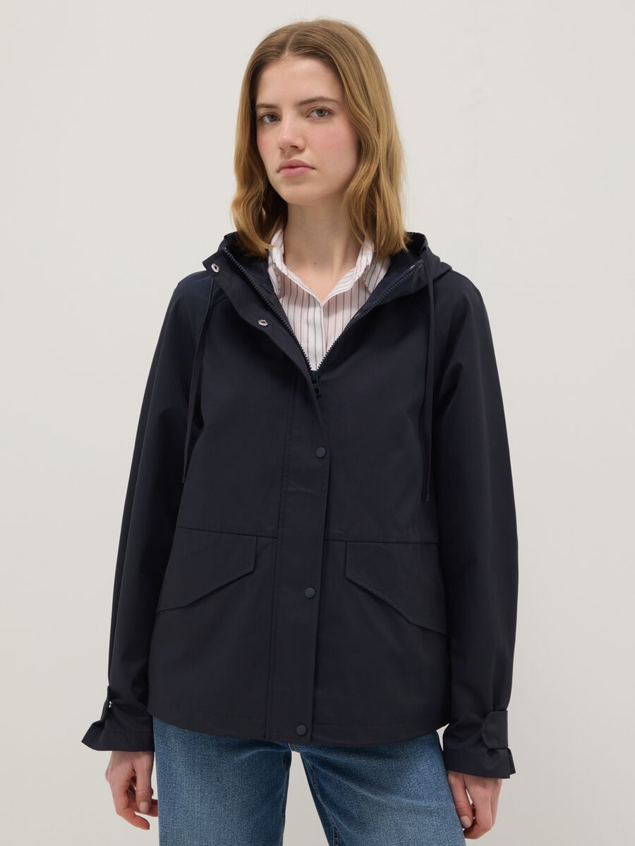 Black regular fit cotton blend jacket with zip and hood_0