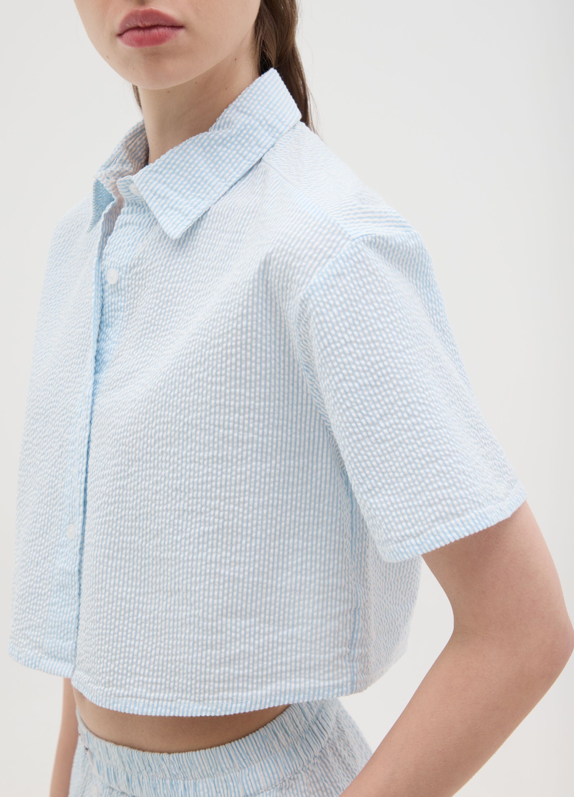 Sky Blue Seersucker Crop Shirt