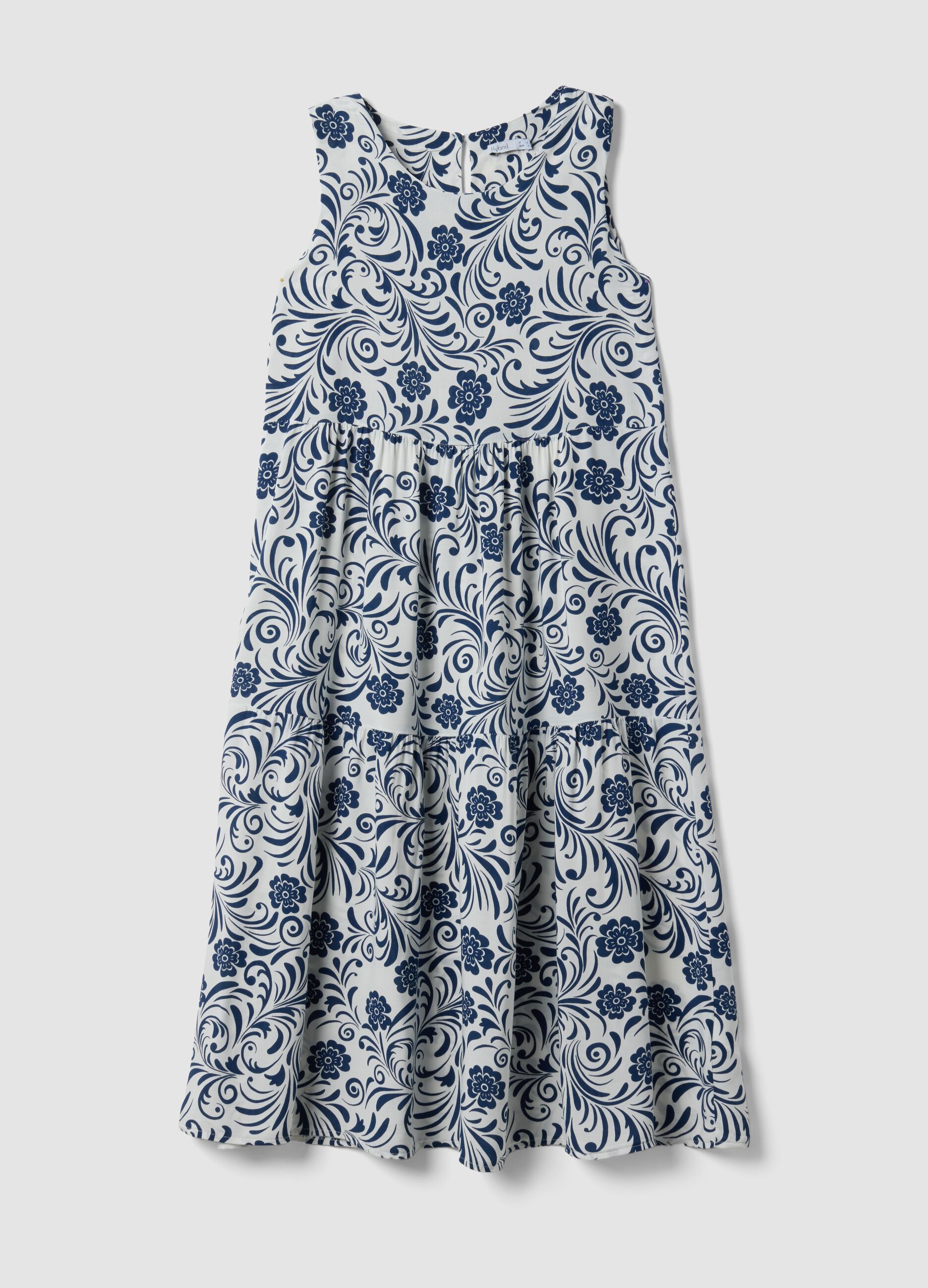 Blue pure viscose dress with floral print, regular fit