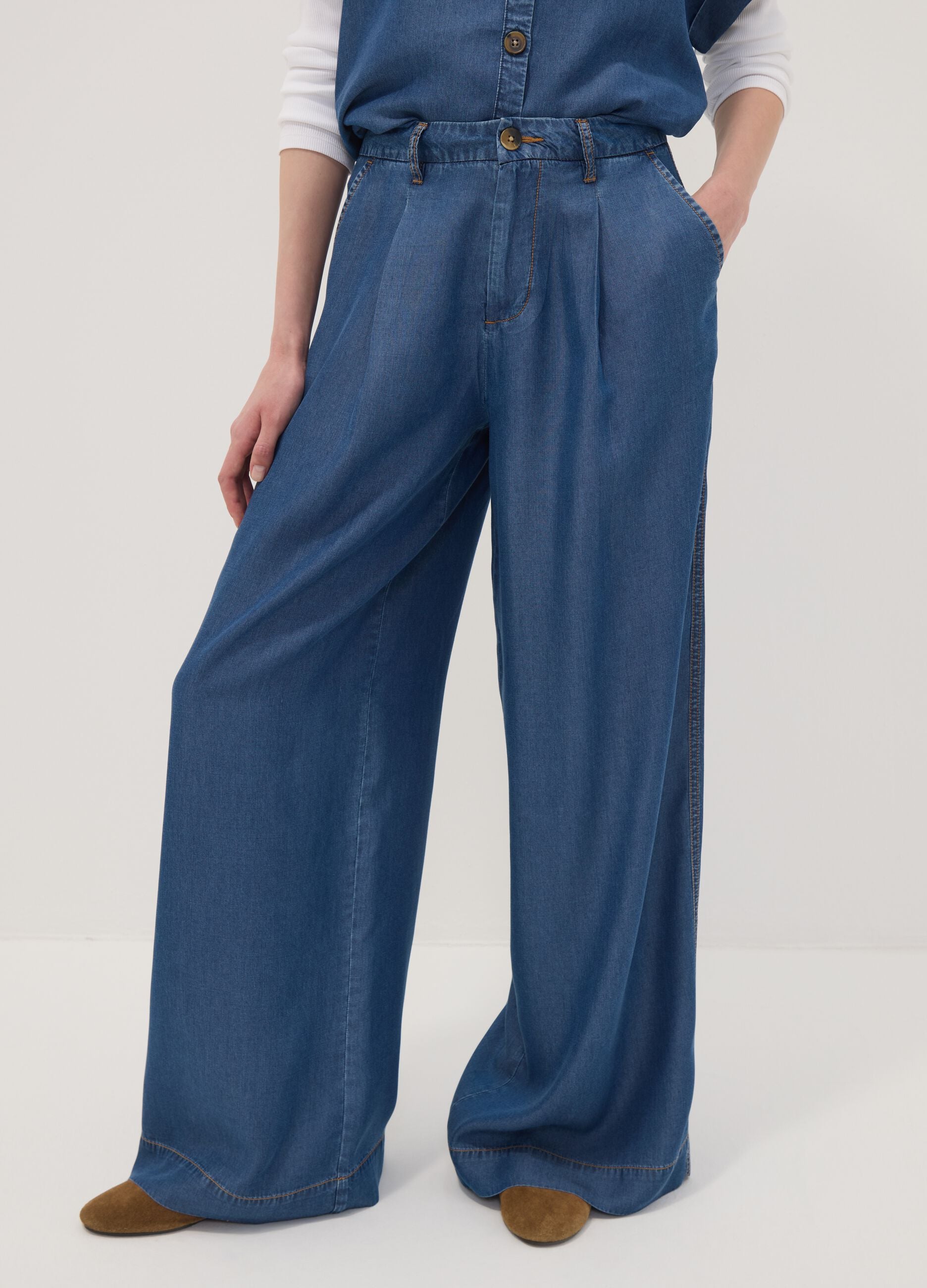Blue wide-leg jeans in pure lyocell