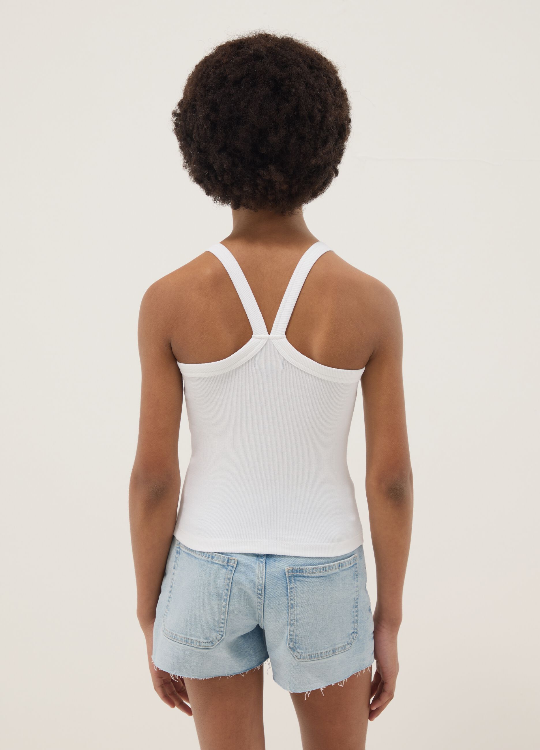 Girls' fitted white ribbed stretch cotton tank top
