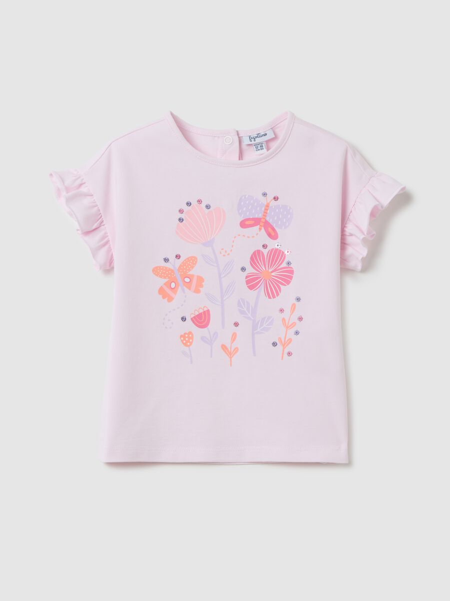 Pink T-shirt with ruffles and floral print_0