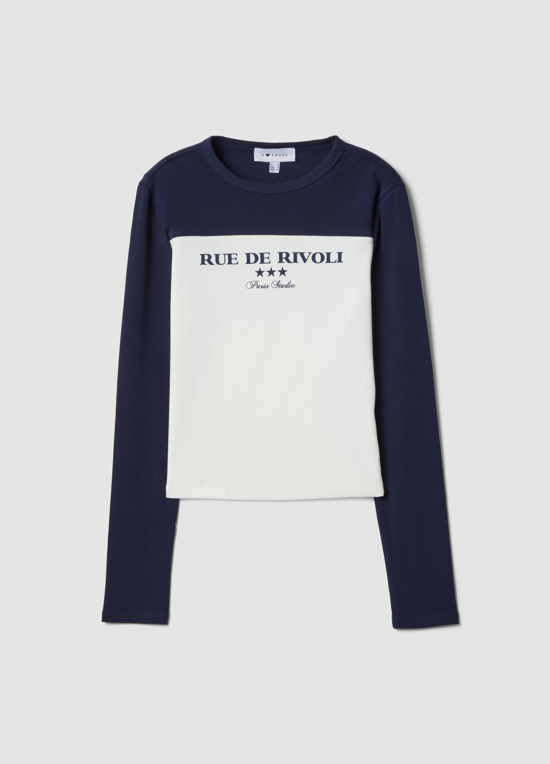 T-shirt bianca e blu in cotone elasticizzato con stampa frontale