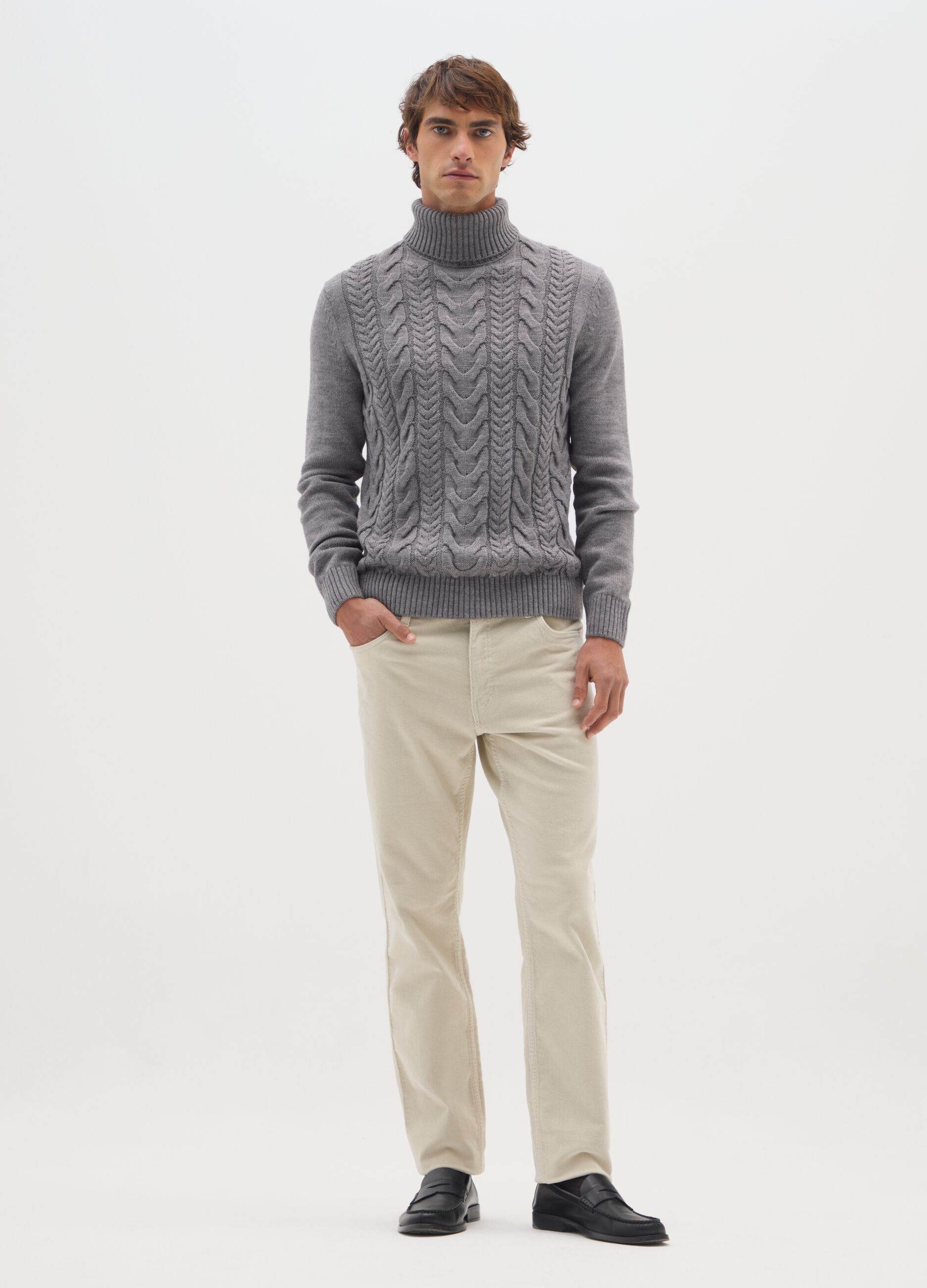 Beige slim fit stretch cotton ribbed trousers