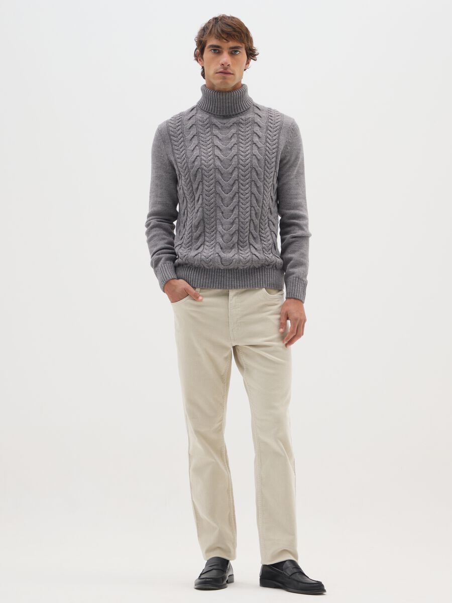 Beige slim fit stretch cotton ribbed trousers_0