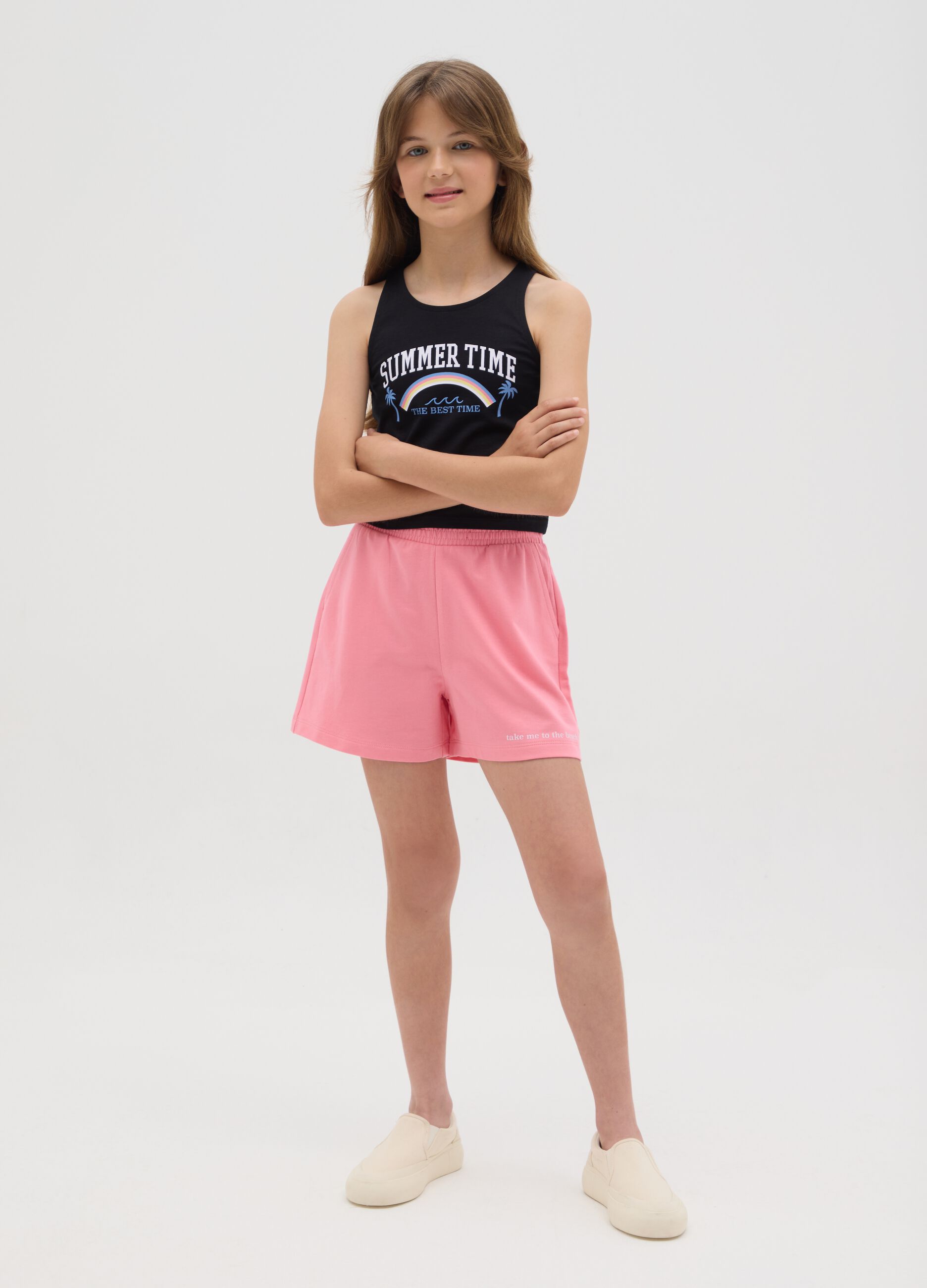 Completo jogging nero e rosa in cotone con stampa