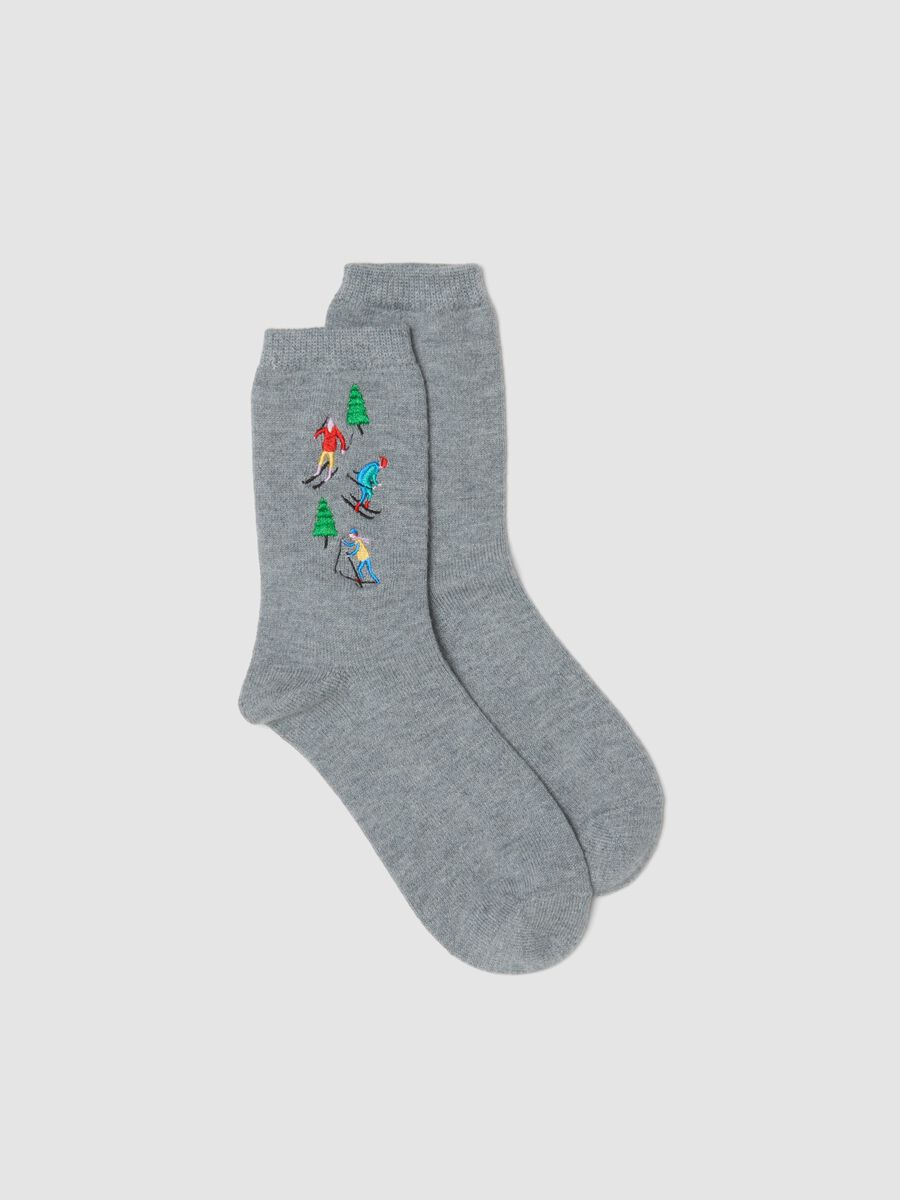 Light grey melange embroidered stretch wool-blend socks_1