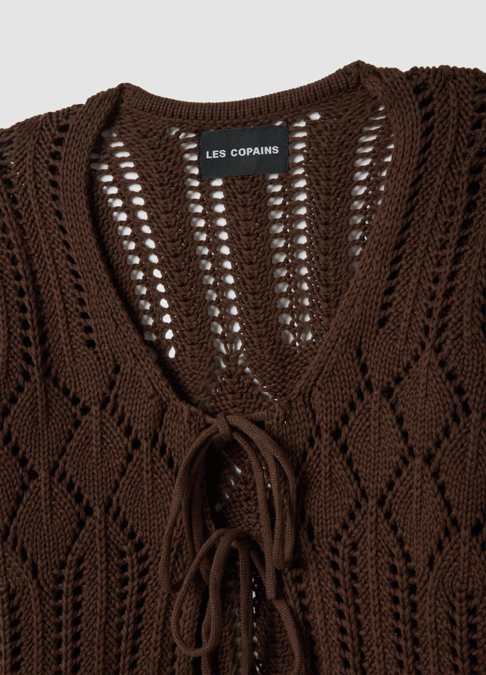 Brown pure cotton regular fit deep V openwork cardigan
