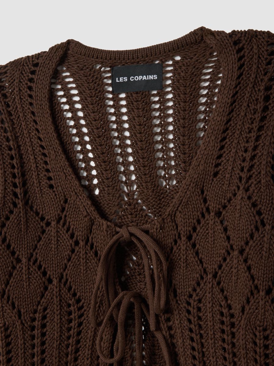Cardigan traforato deep V in crochet di puro cotone marrone regular fit_5