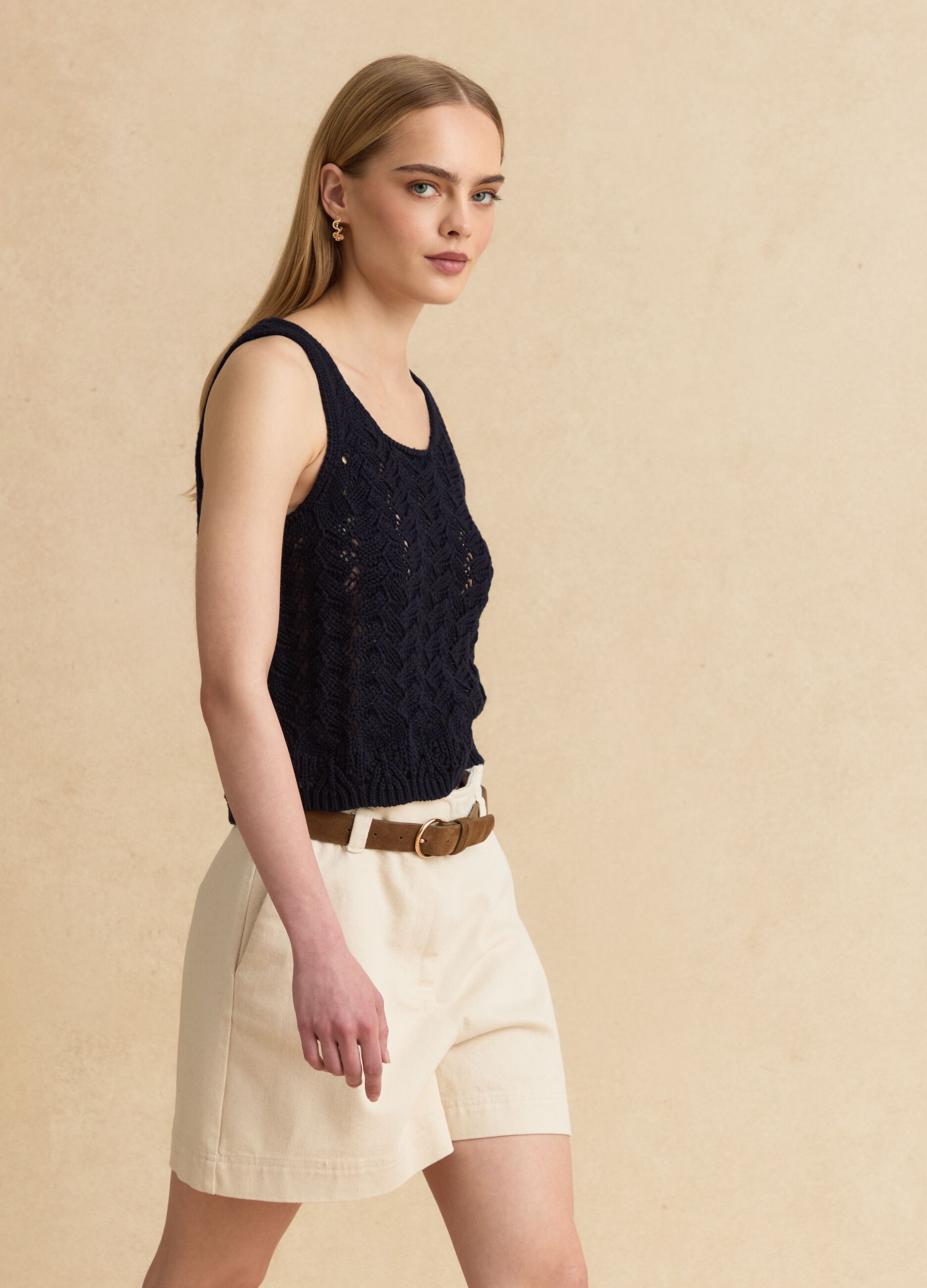 Blue pure-cotton crochet tank top