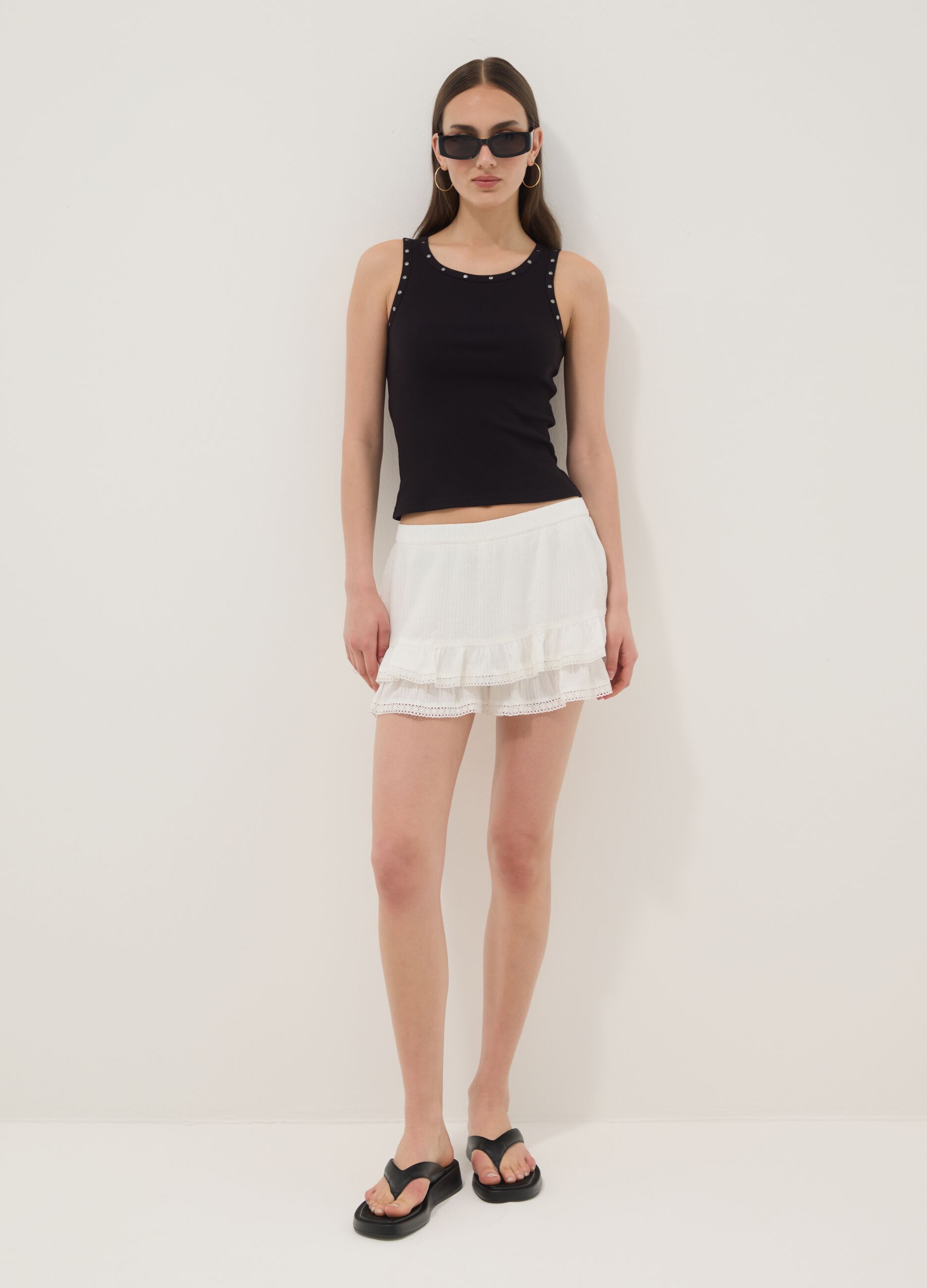 White cotton-viscose blend mini skirt with ruffles