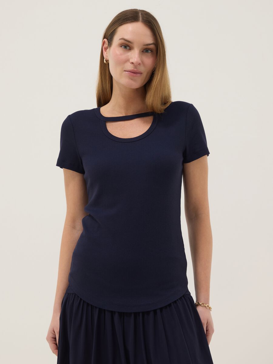 T-shirt blu premaman in cotone e modal elasticizzato_1