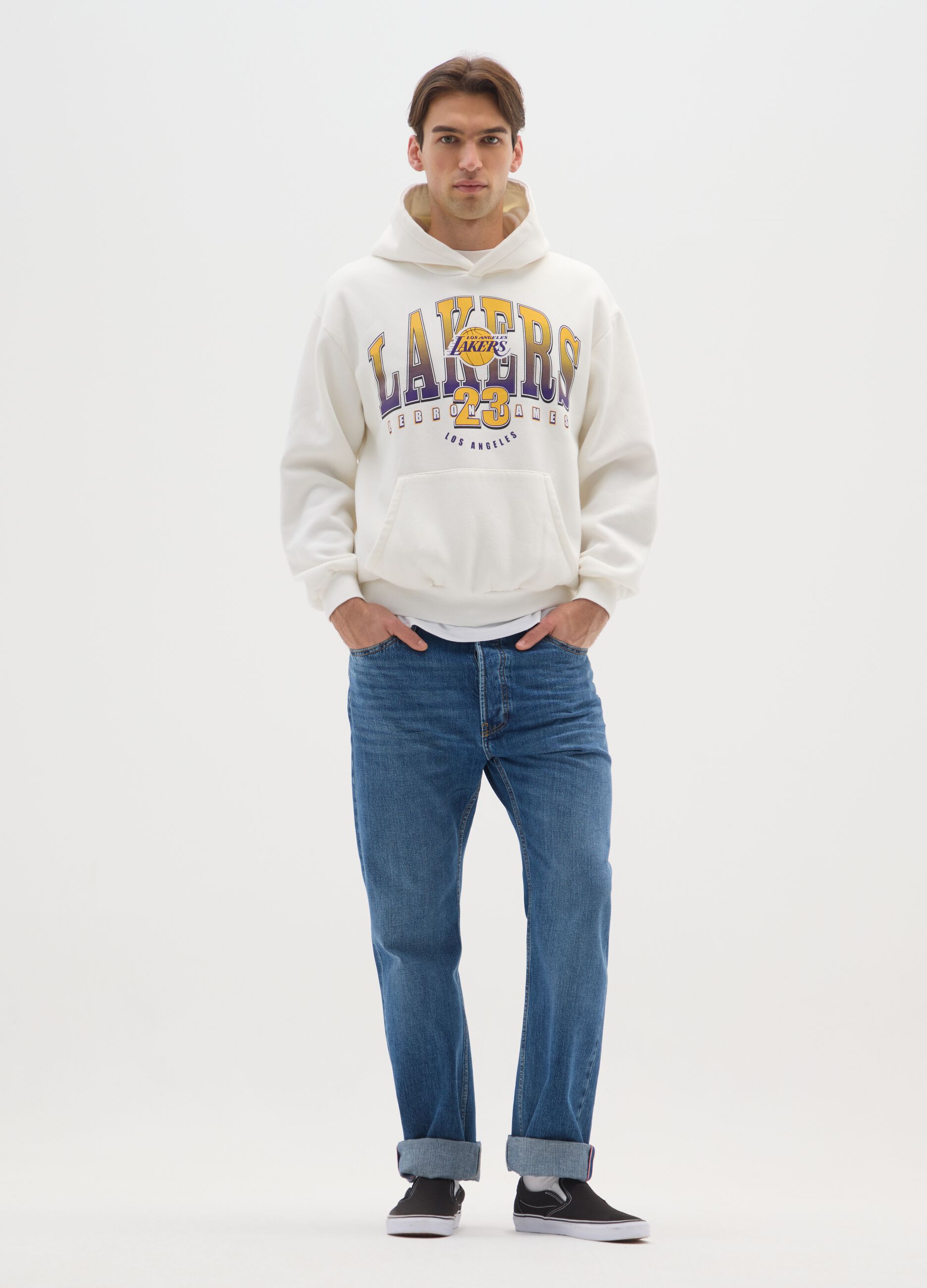 White cotton-blend hoodie with Lakers logo