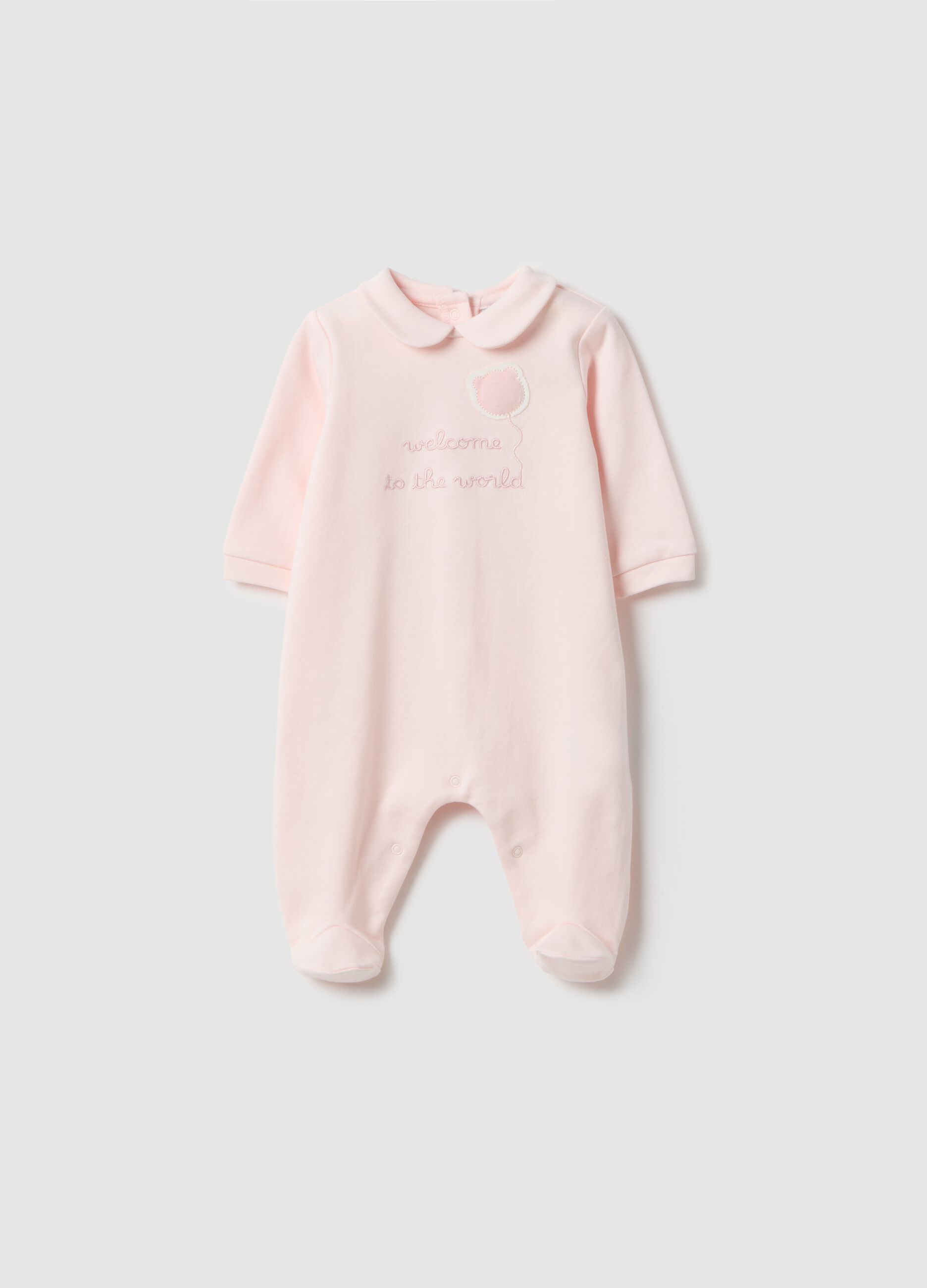 Baby pink pure cotton sleep suit with long sleeves and embroidery
