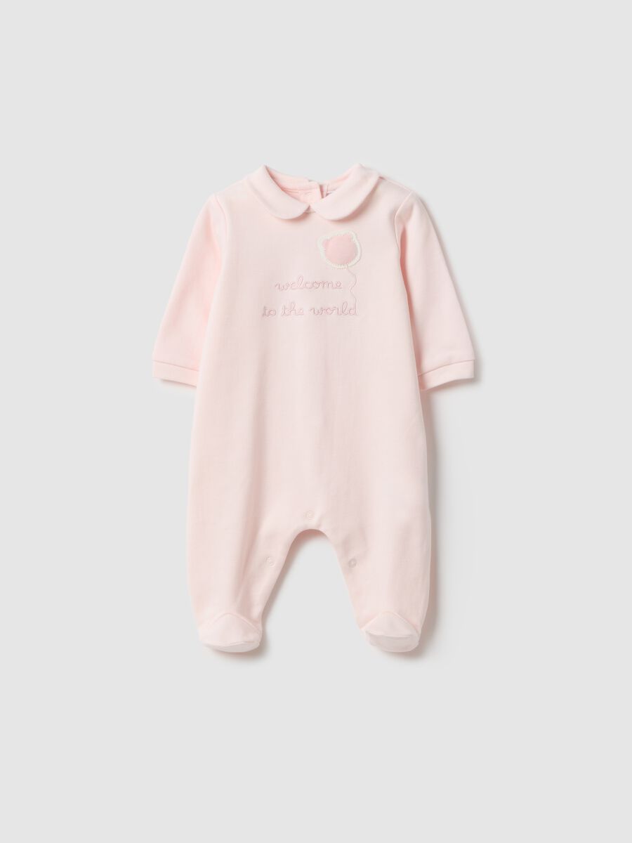 Baby pink pure cotton sleep suit with long sleeves and embroidery_0