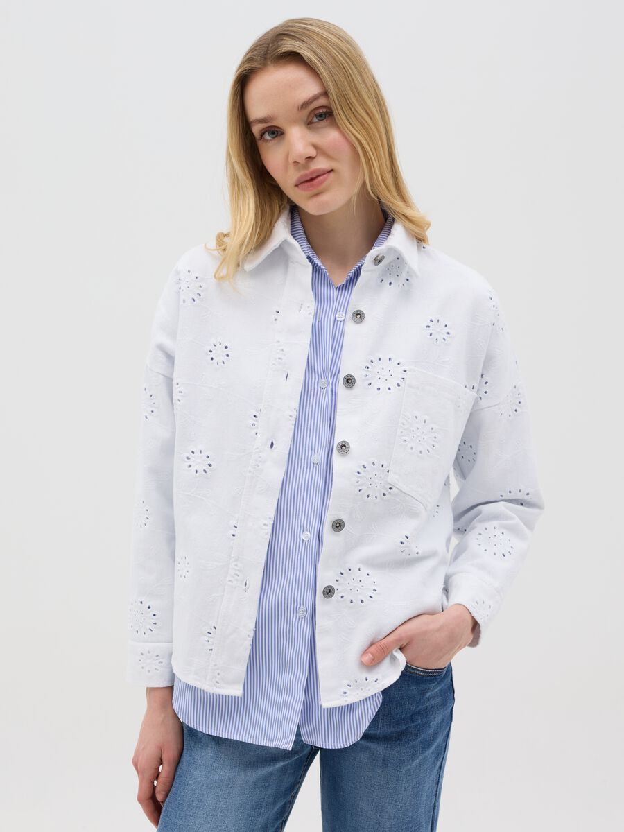 White Cotton Embroidered Shirt_0