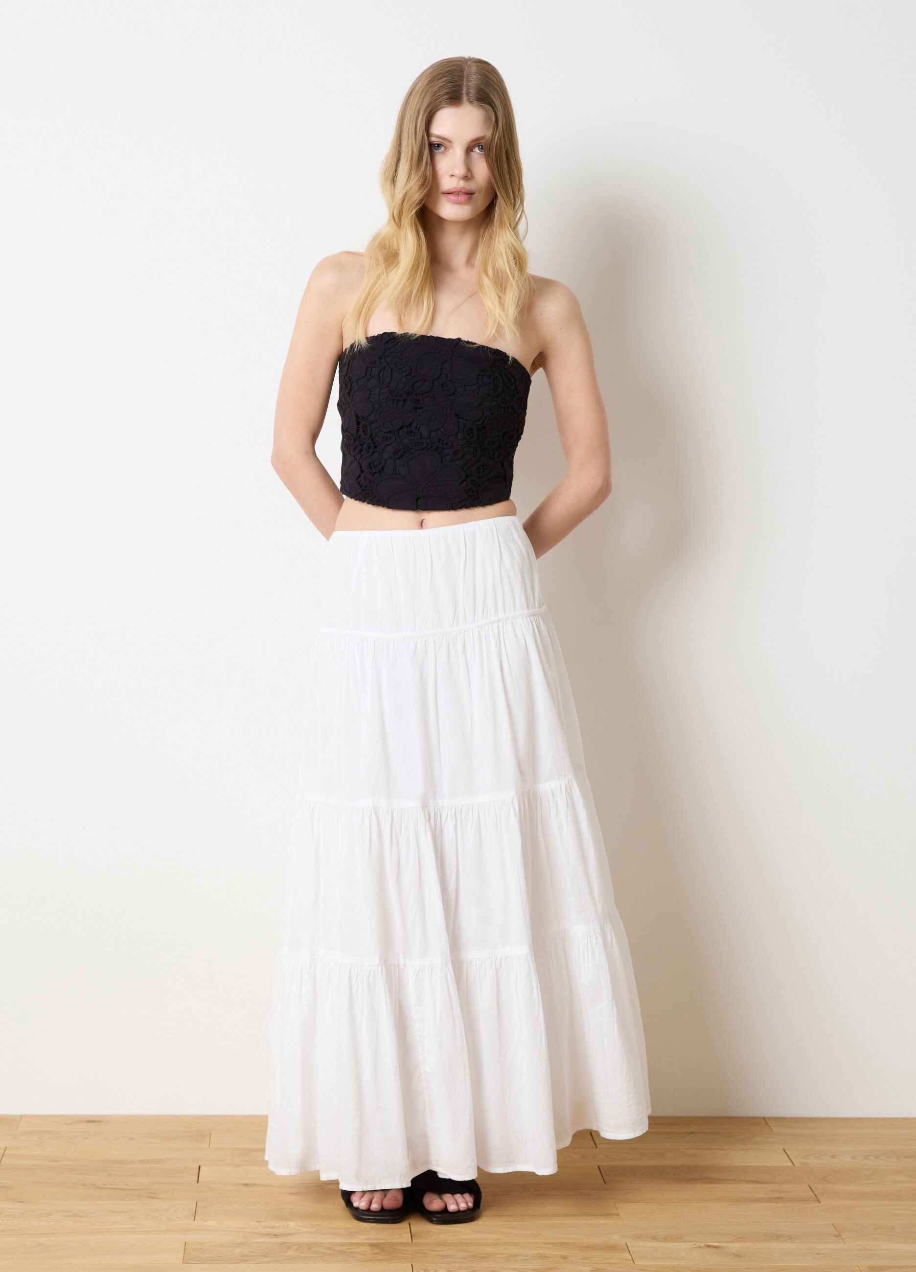 Long white tiered skirt