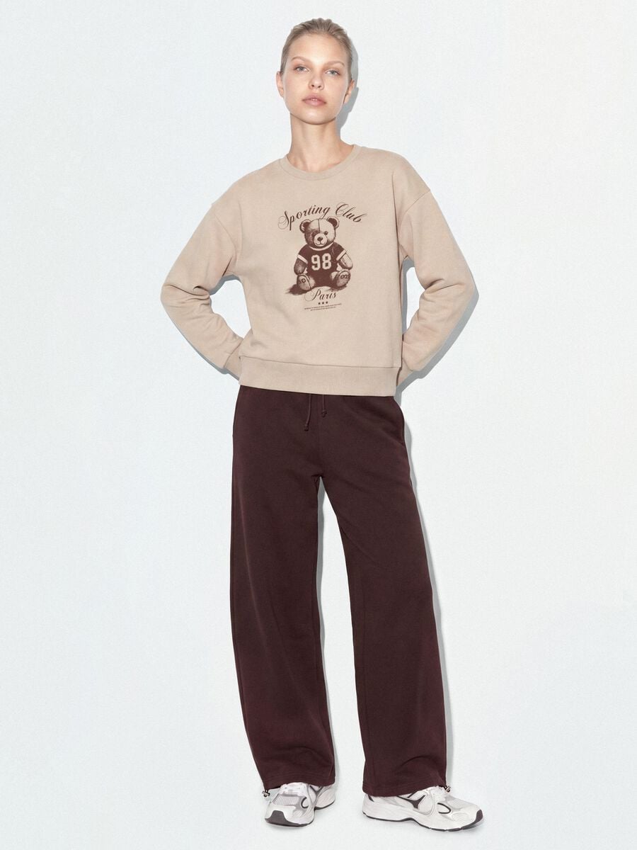 Felpa beige in misto cotone con girocollo e stampa teddy_1