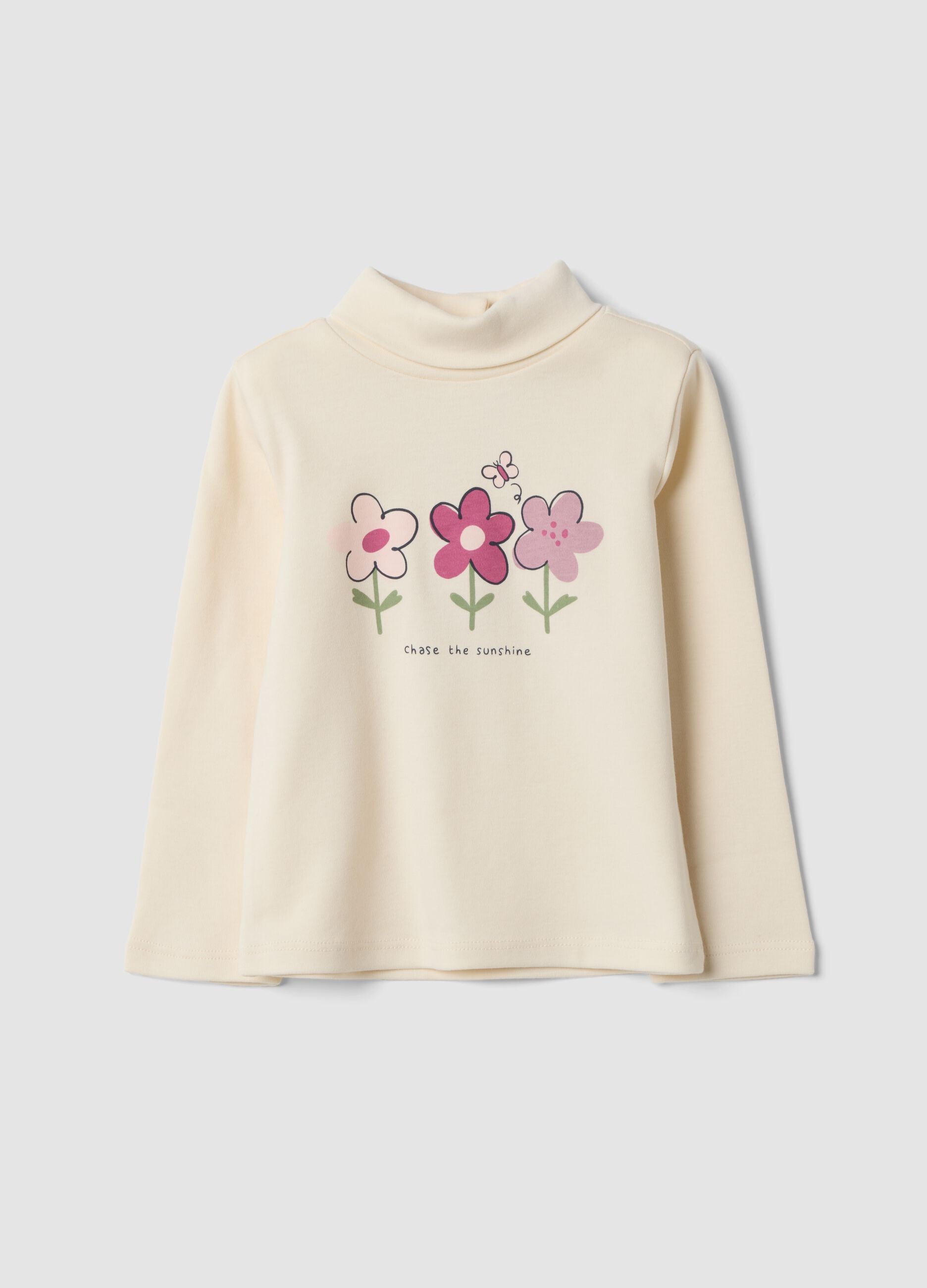 White organic cotton T-shirt with floral print