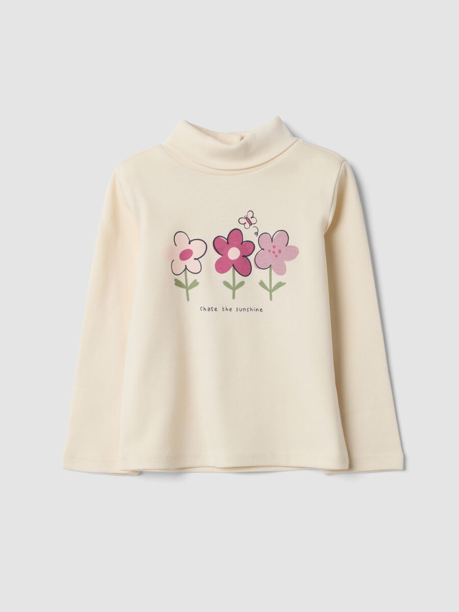 Maglietta bianca in puro cotone organico con stampa fiori_0