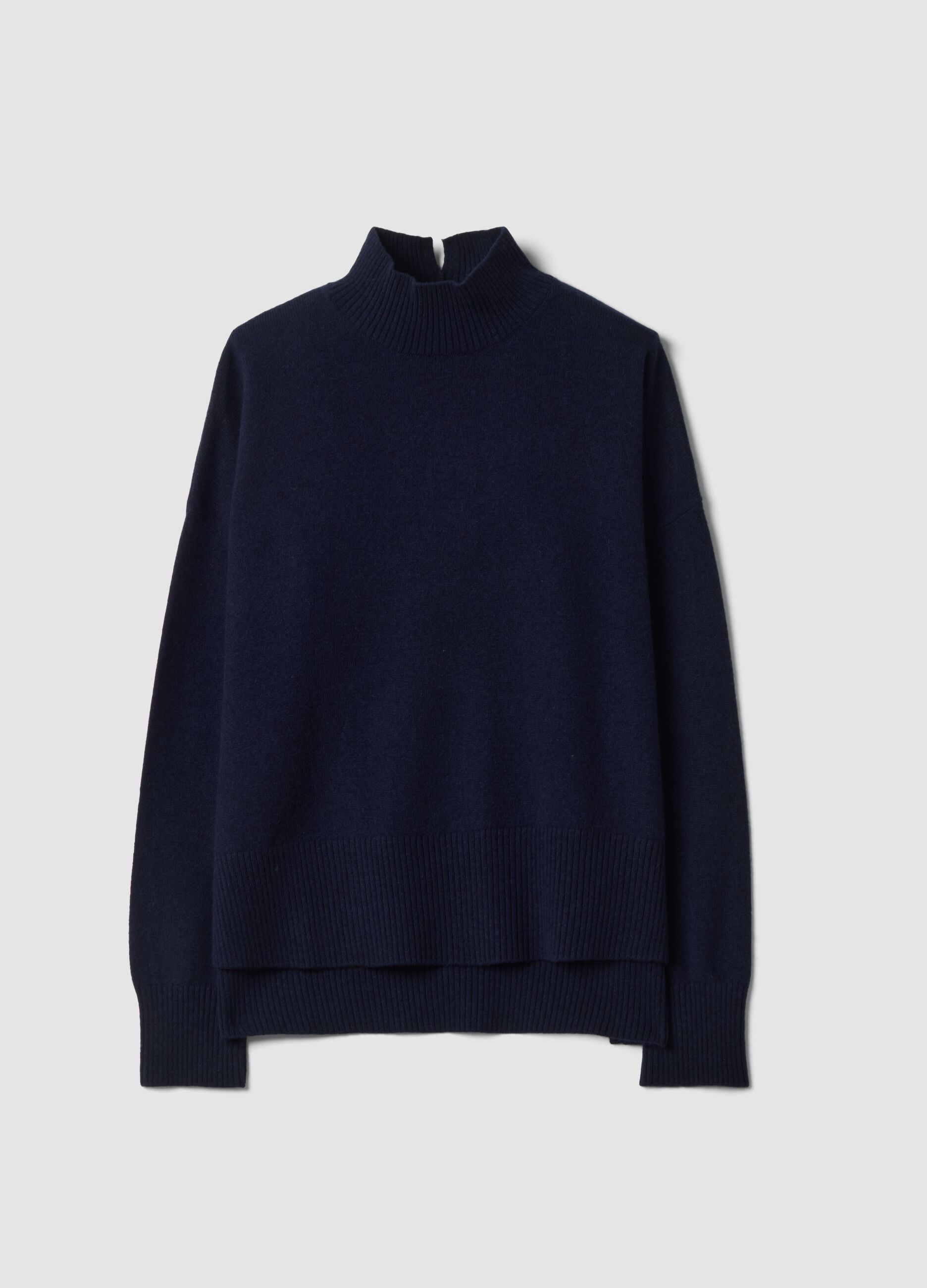Blue pure wool jumper with raised neck, oversized fit