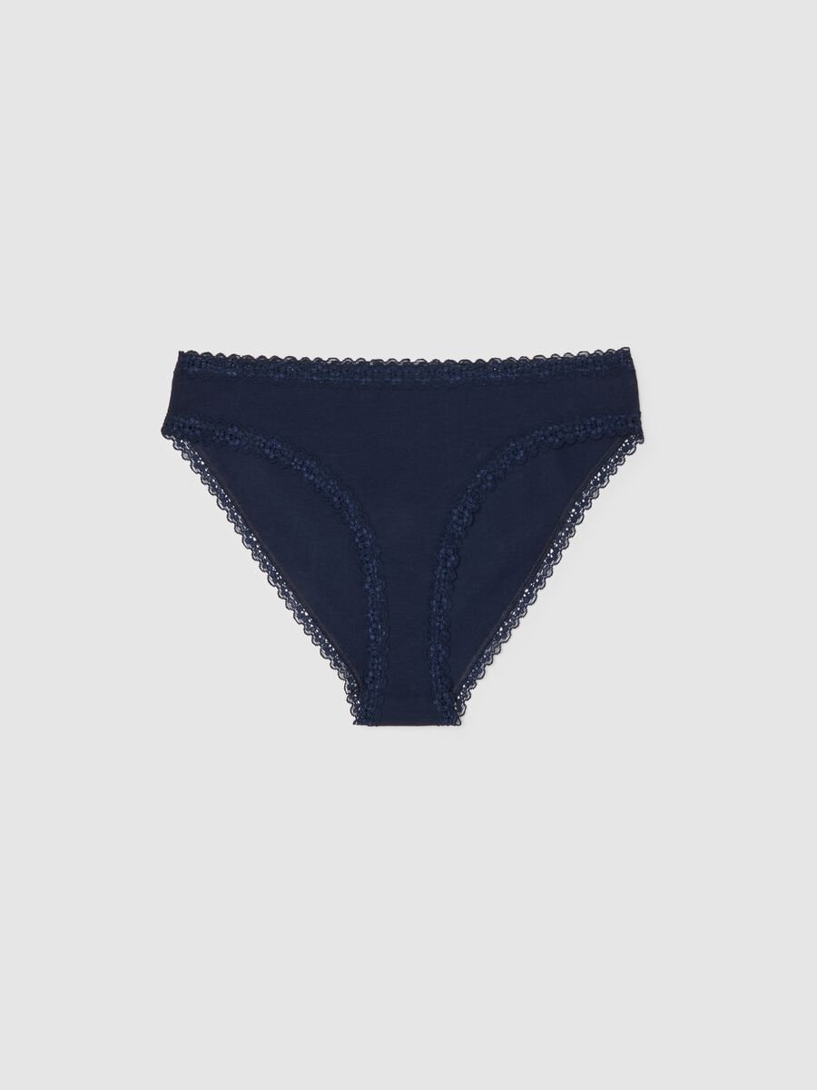 Blue stretch cotton regular fit briefs with lace_0