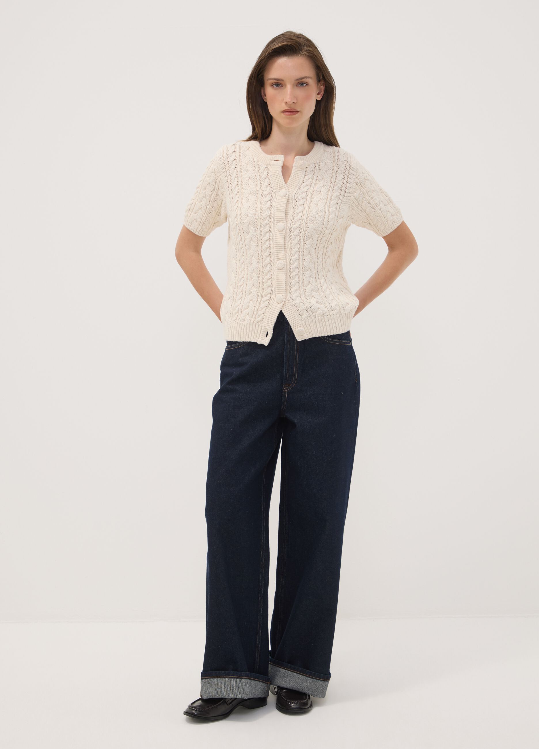 Cardigan beige in puro cotone a trecce regular fit