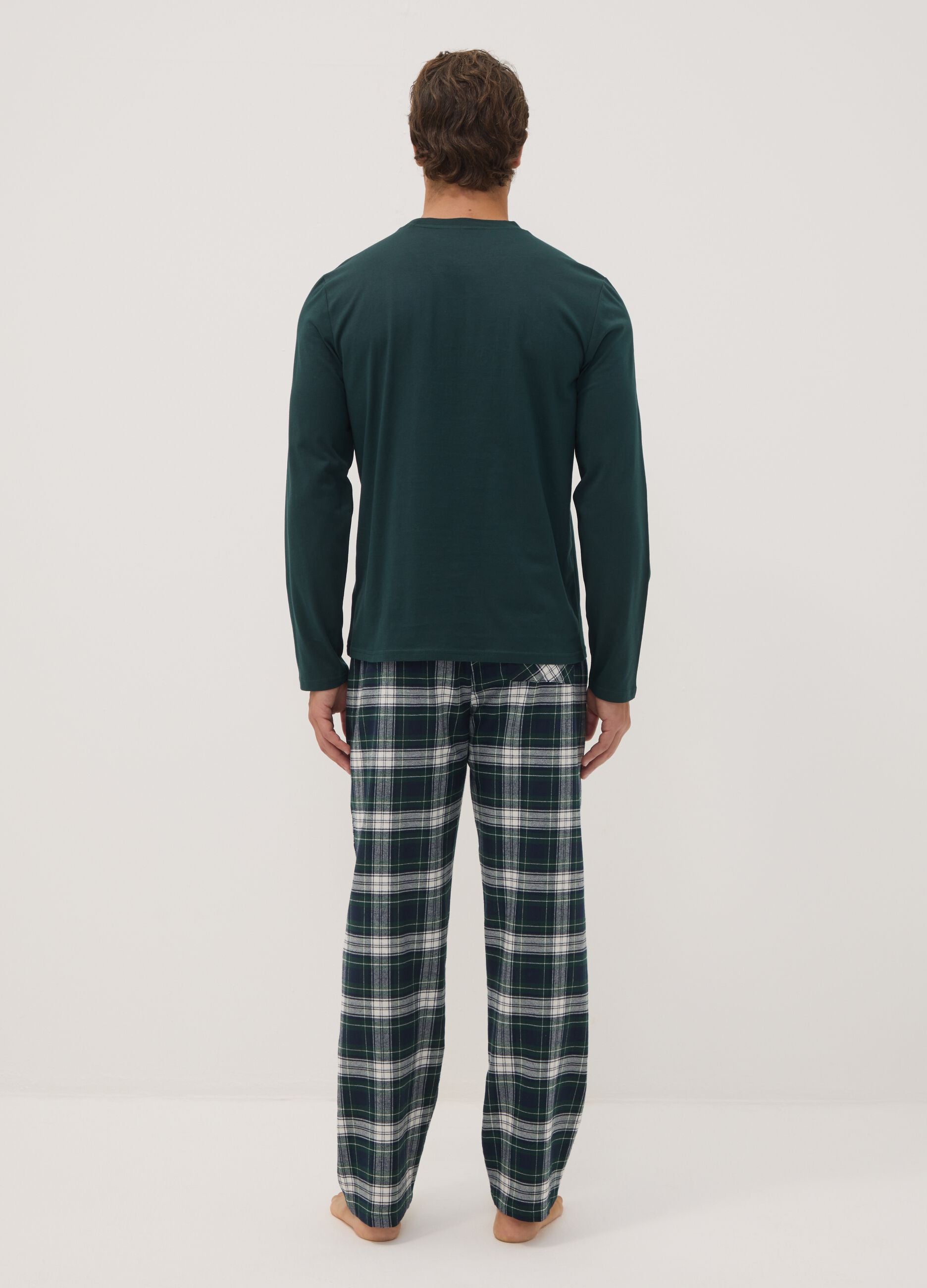 Dark green pure cotton crew-neck pyjamas