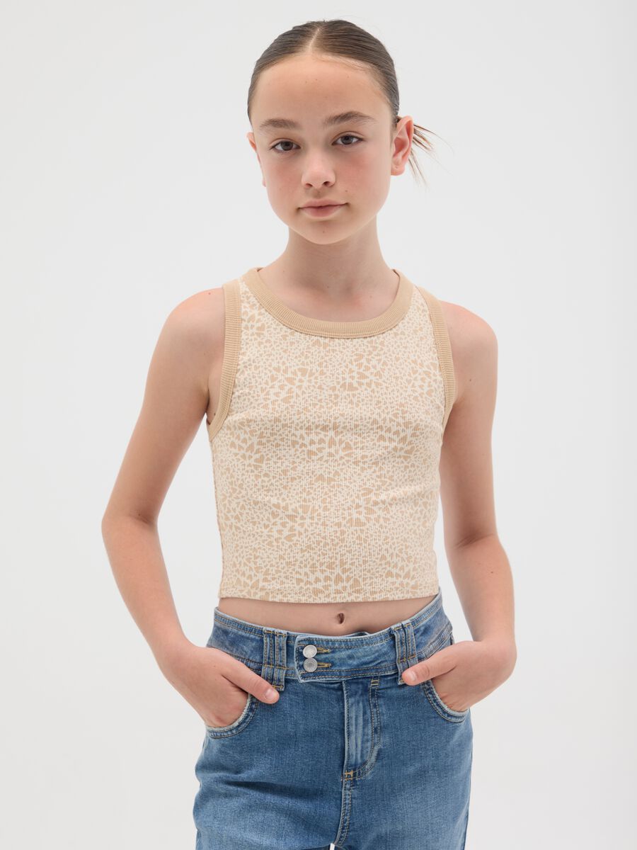 Beige stretch cotton fitted tank top for girls_0