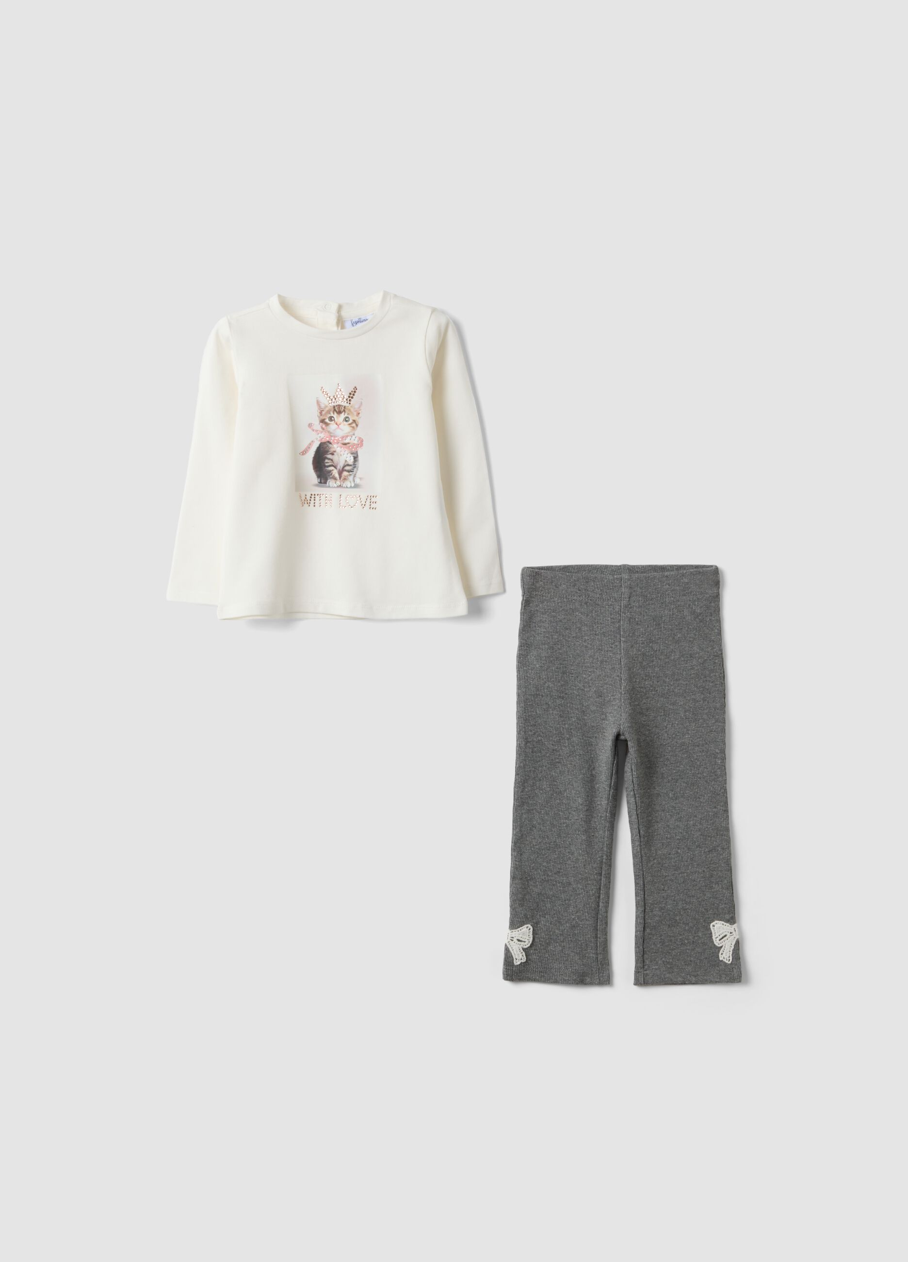 Grey and white stretch cotton and viscose set for baby girl