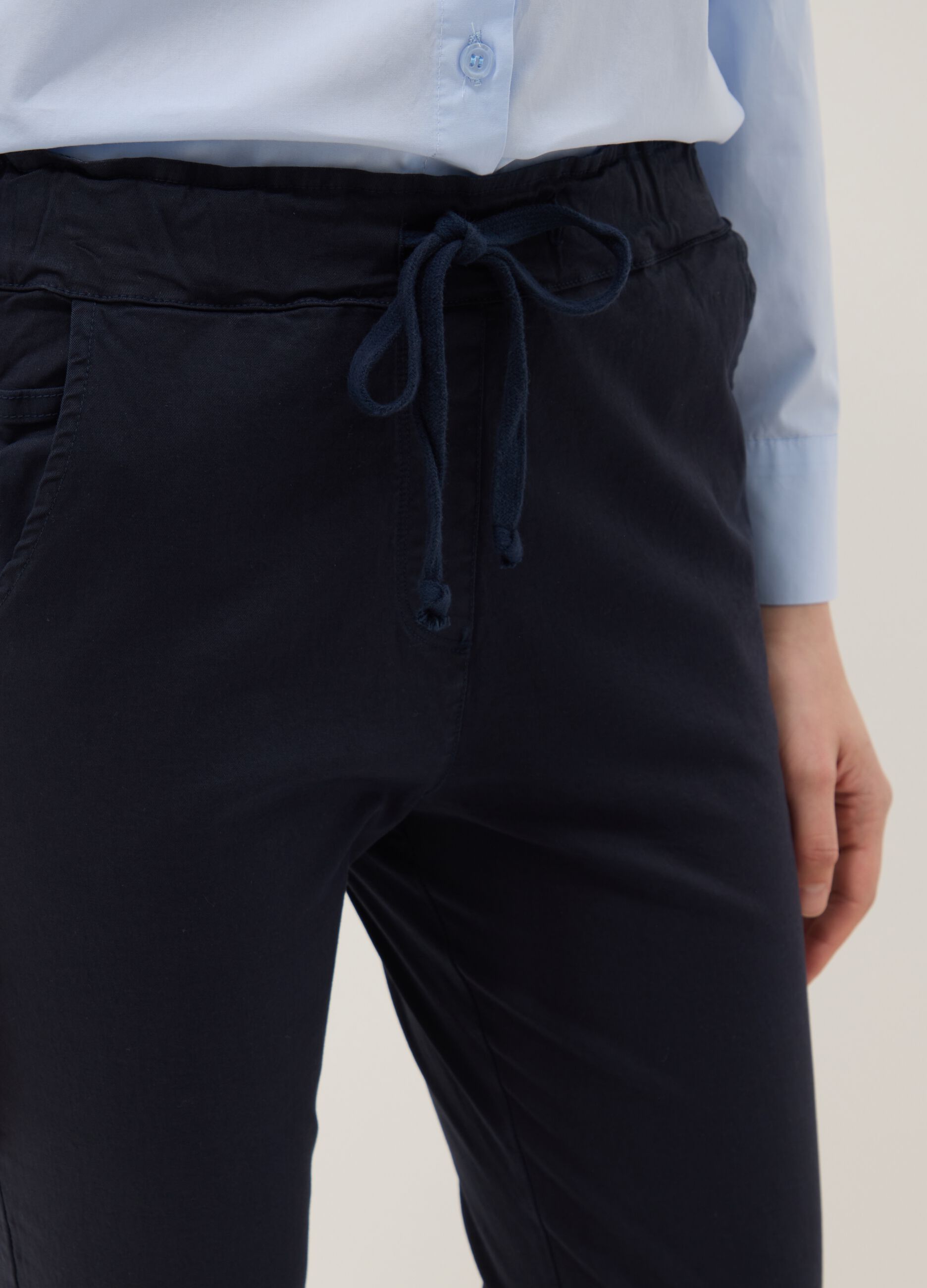 Blue stretch cotton trousers with drawstring