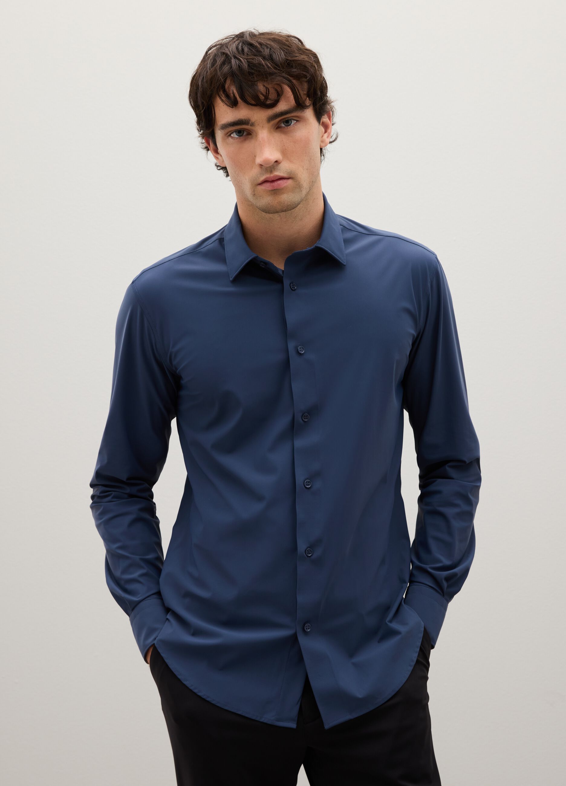 Blue Stretch Fabric Slim Fit Shirt