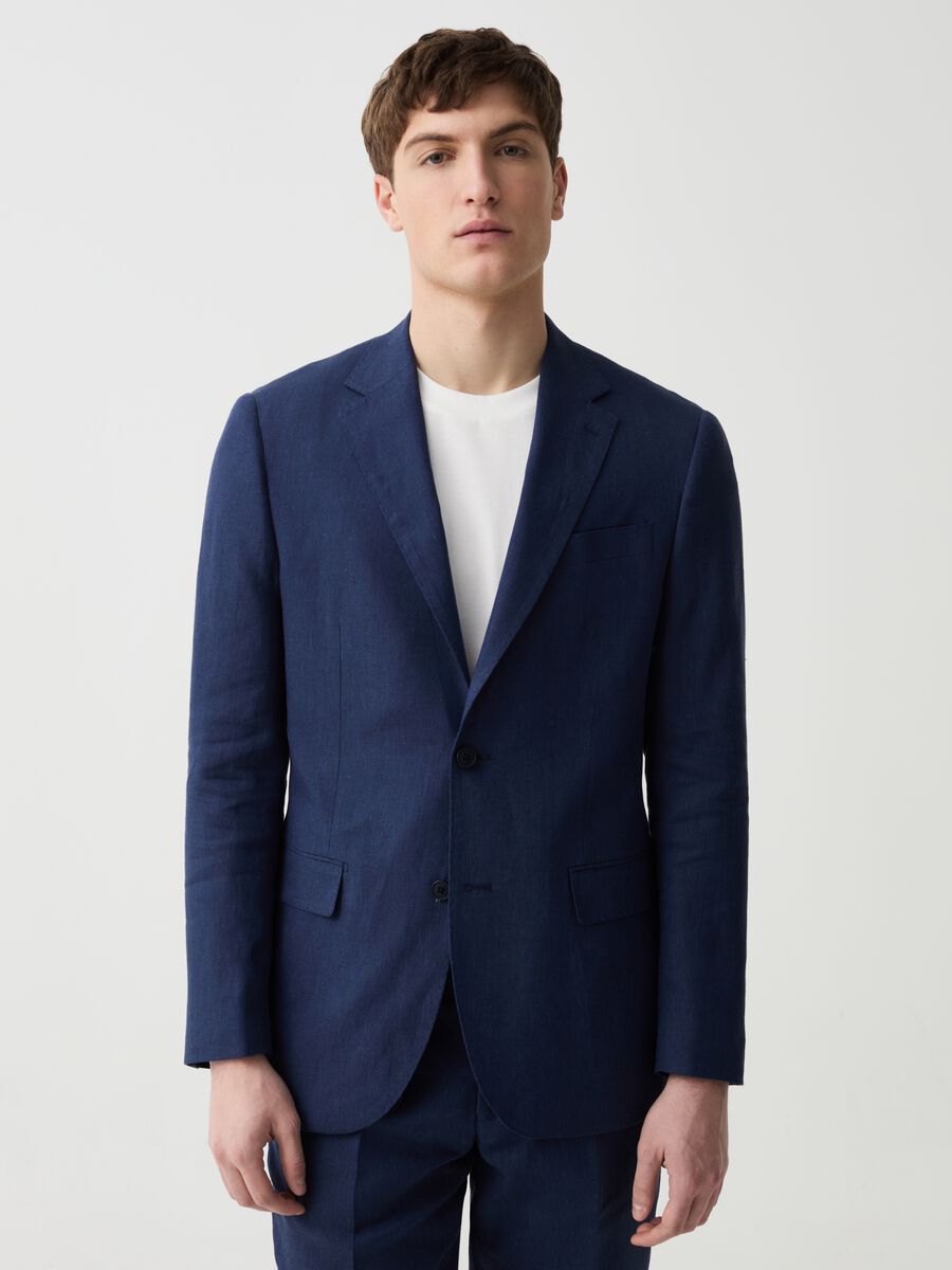 Slim-fit single-breasted blazer in linen_0