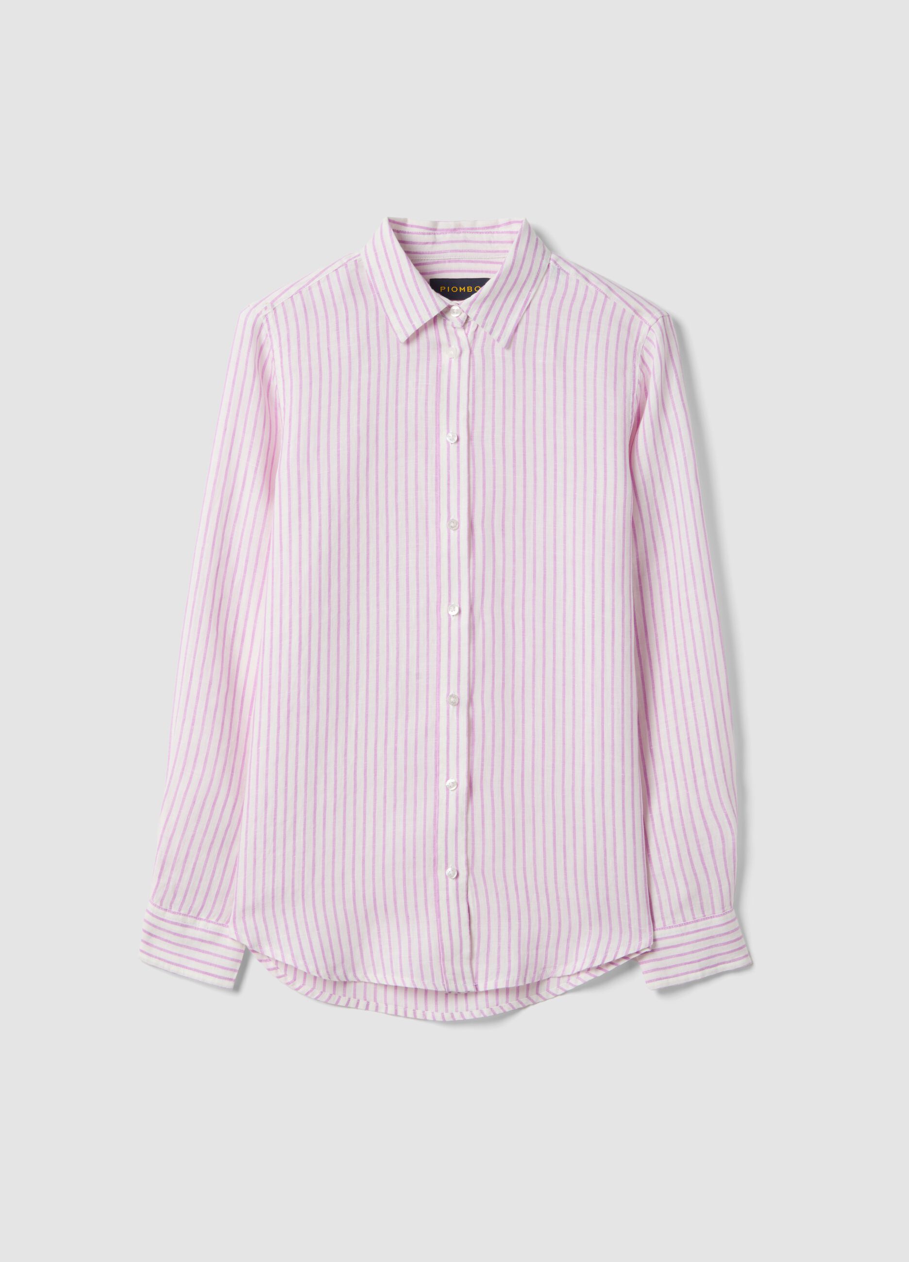 White and pink striped pure linen shirt, regular fit