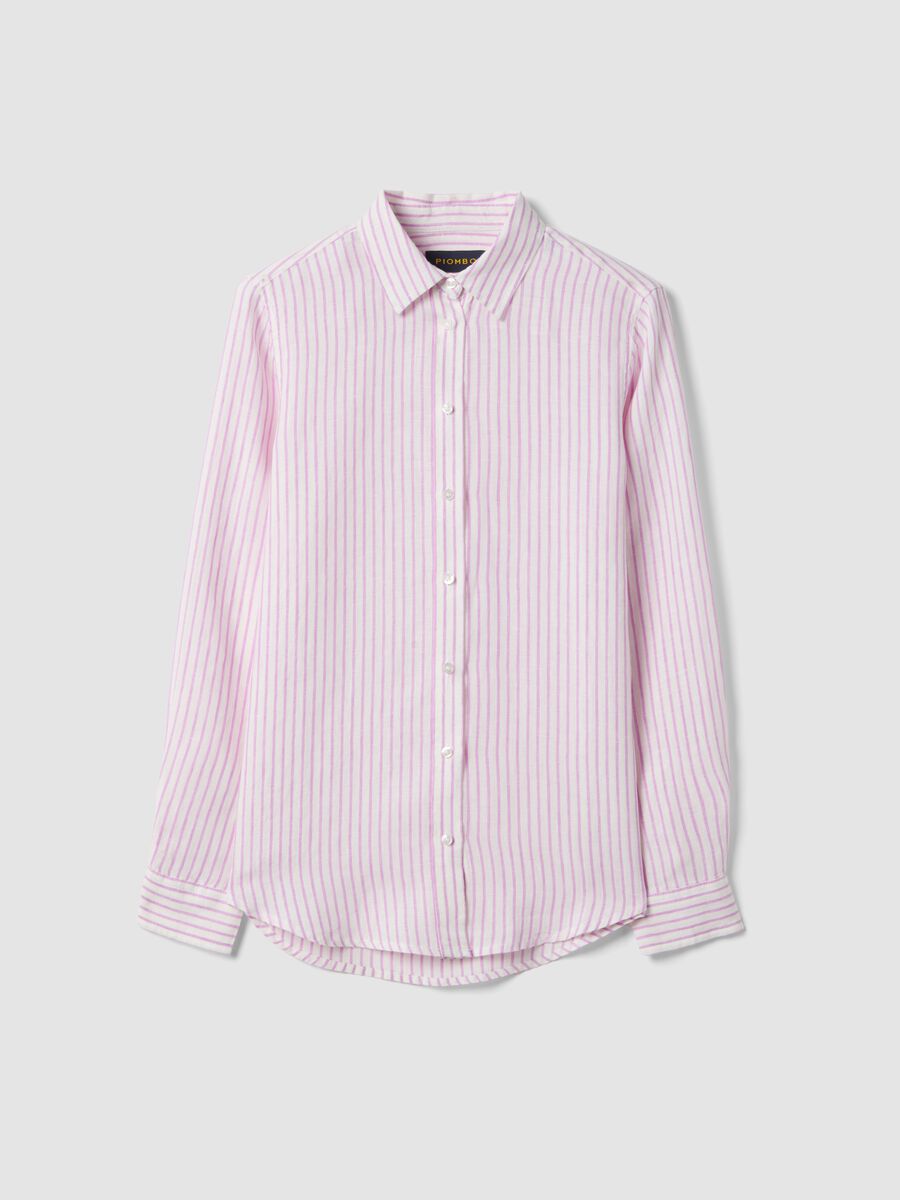 Camicia in puro lino a  righe bianche e rosa regular fit_0